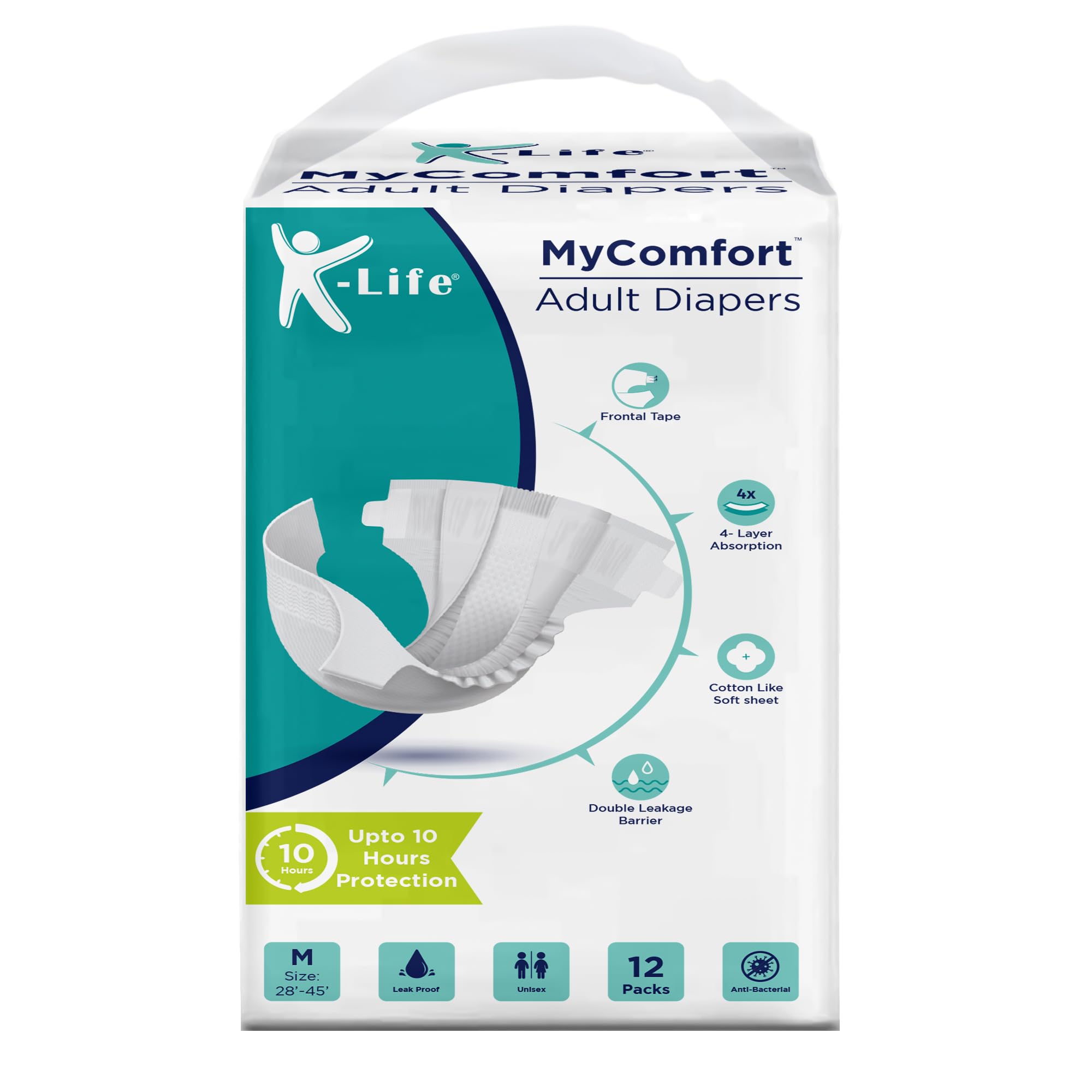 K-life Premium Anti-Bacterial 4layer Absorption Unisex Tape Style Adult Diapers | Pack of 1 | 10 Count | Medium (Waist Size 28-45 inch|65-115 cm)