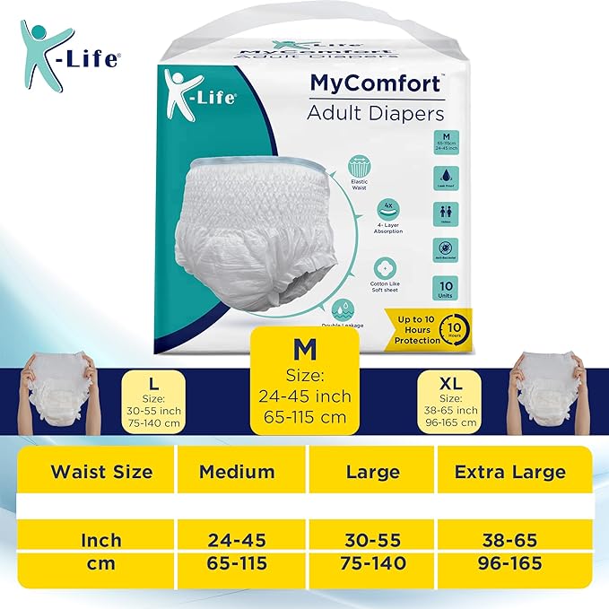 K-life Premium Anti-Bacterial 4layer Absorption Unisex Pant Style Adult Diapers | Pack of 1 | 10 Count | Medium (Waist Size 24-45 inch|65-115 cm)