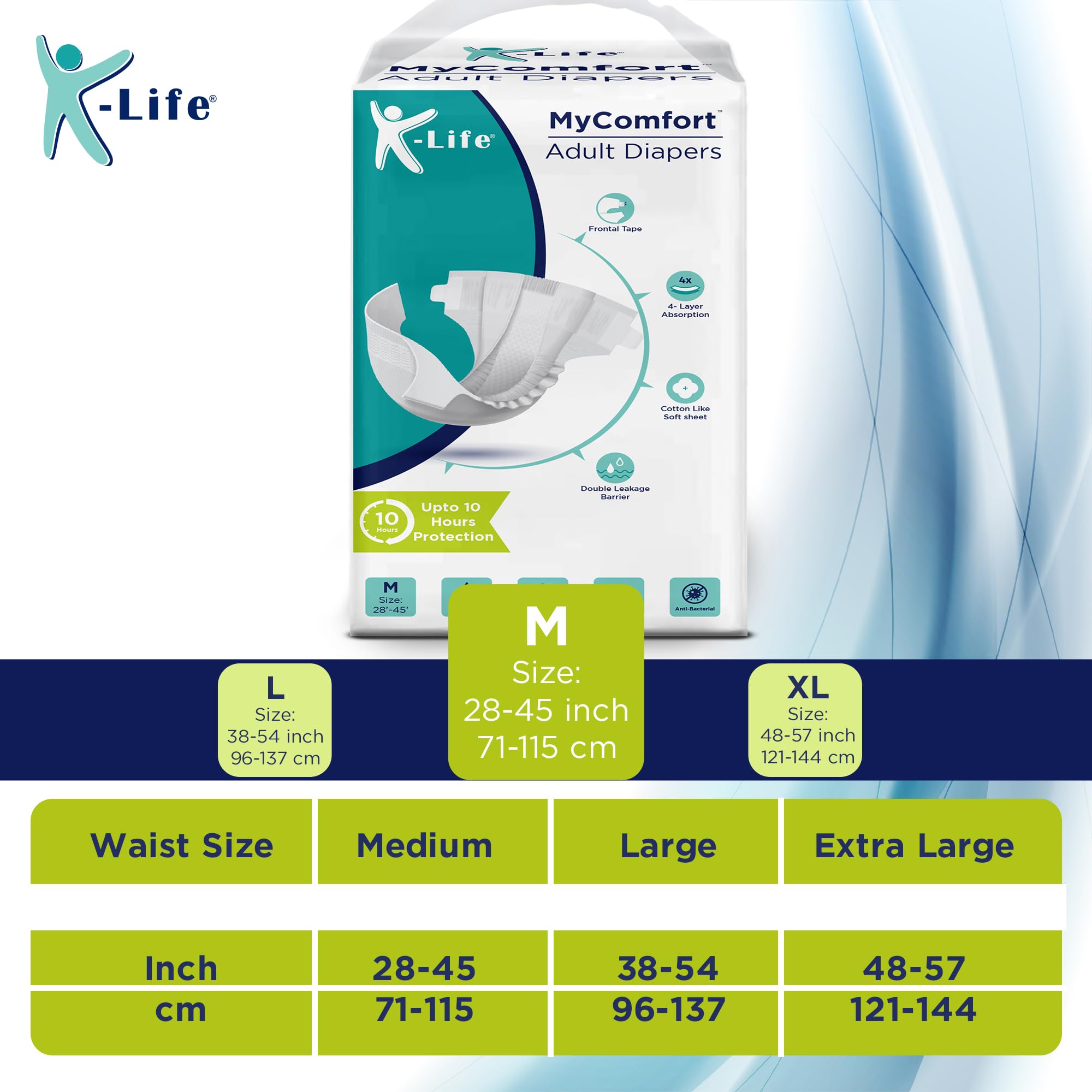 K-life Premium Anti-Bacterial 4layer Absorption Unisex Tape Style Adult Diapers | Pack of 1 | 10 Count | Medium (Waist Size 28-45 inch|65-115 cm)