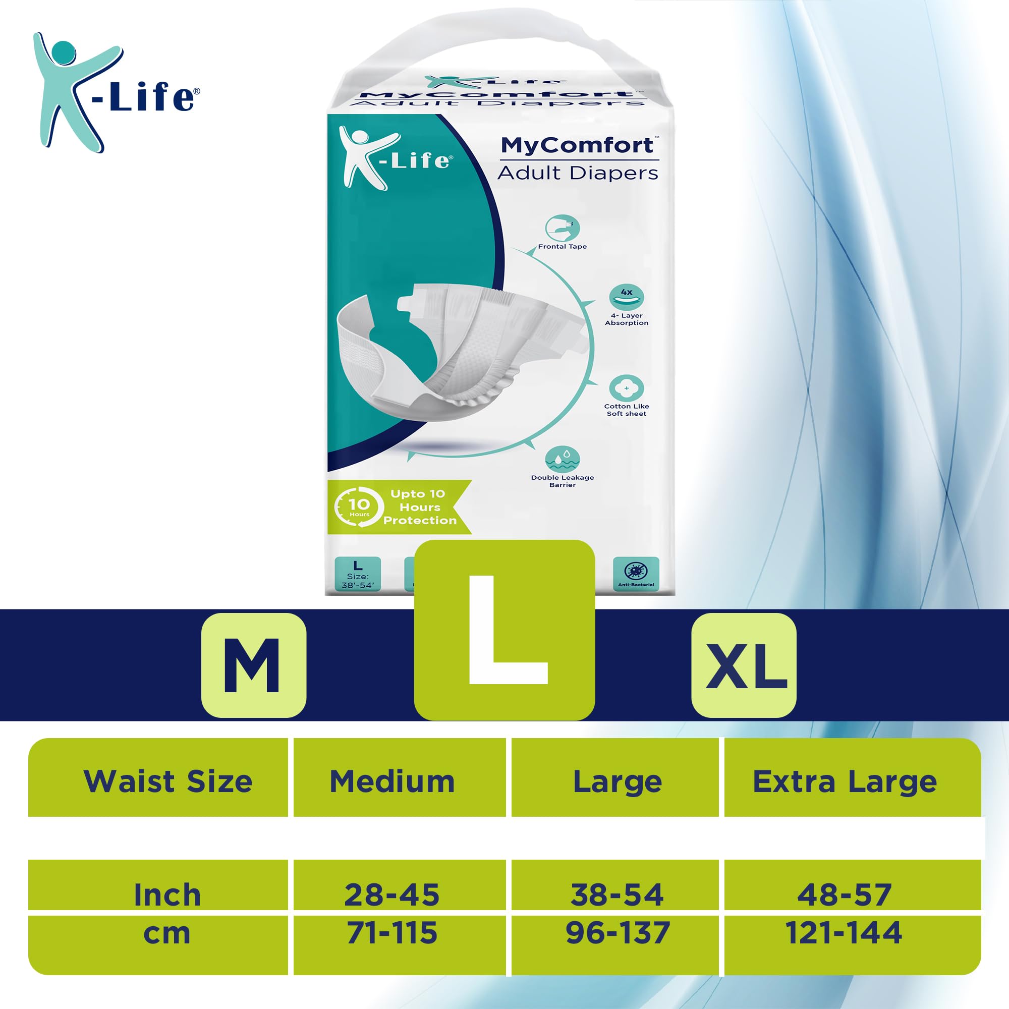 K-Life Adult Diapers L Size Premium Anti-Bacterial 4-Layer Absorption Unisex Tape-Style Diaper Upto 10 Hours Protection – Pack of 1 (10 Count), Large (Waist 38–54 in | 96–137 cm)