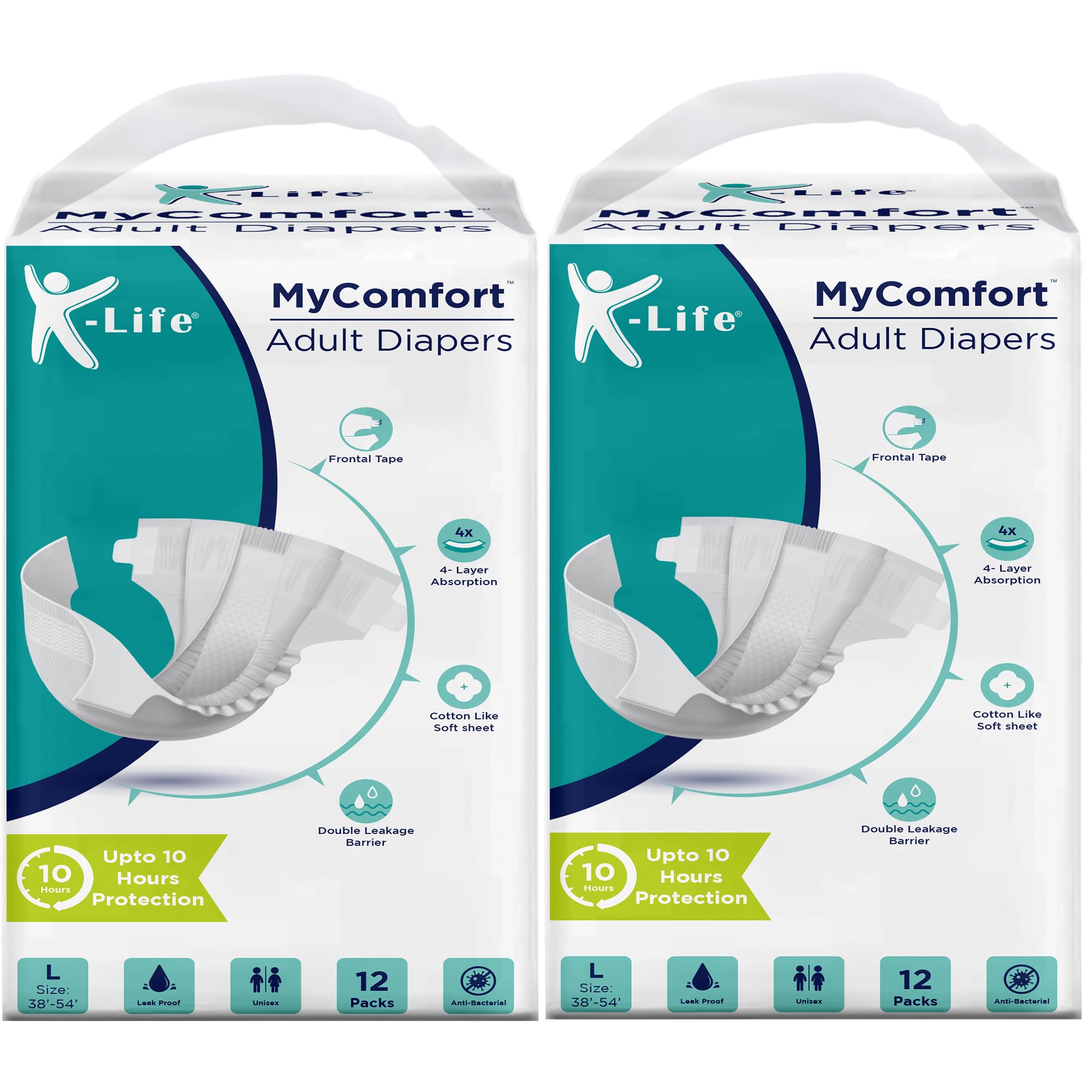 K-life Premium Anti-Bacterial 4layer Absorption Unisex Tape Style Adult Diapers | Pack of 2 | 20 Count | Large (Waist Size 38-54 inch|96-137 cm)
