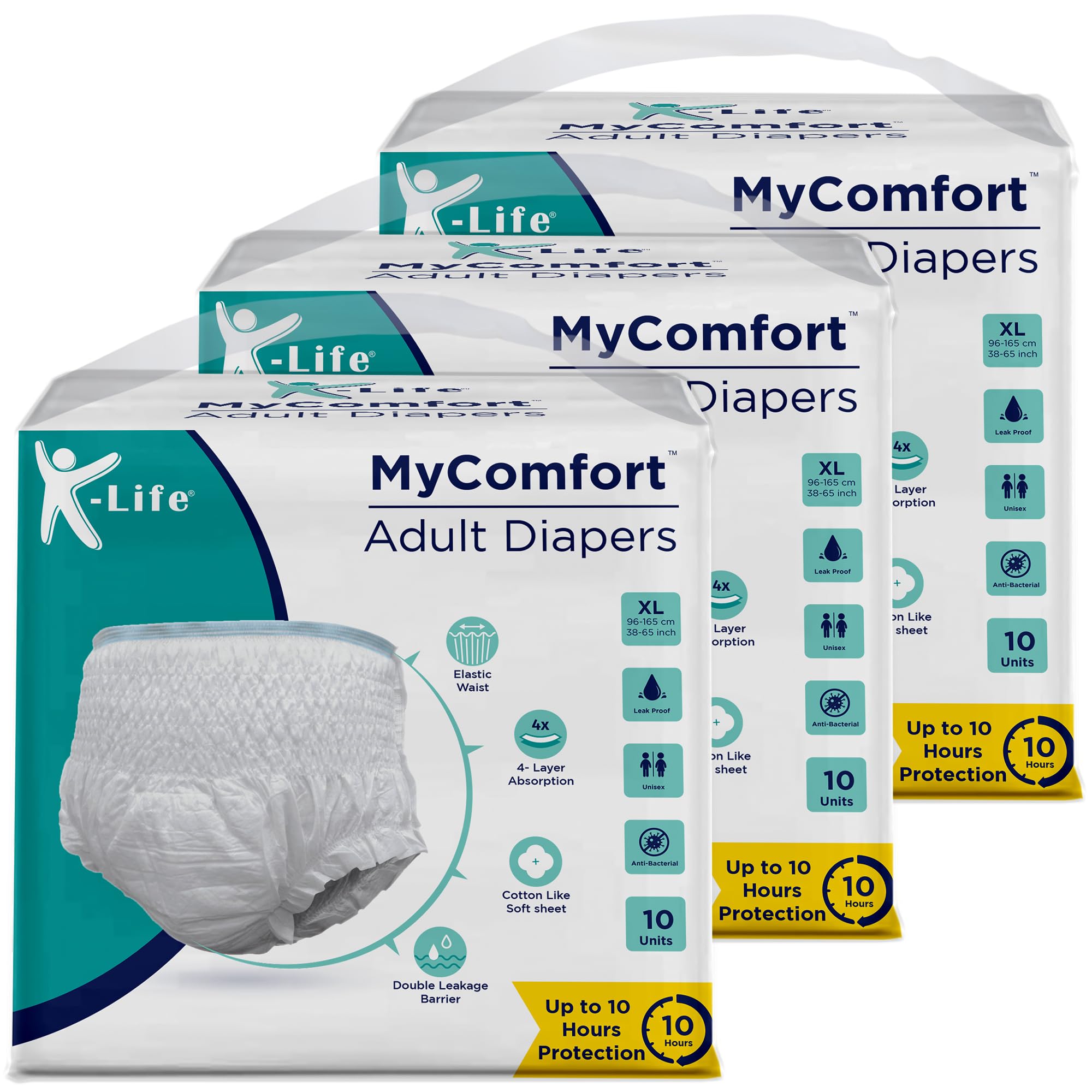 K-life Premium Anti-Bacterial 4layer Absorption Unisex Pant Style Adult Diapers | Pack of 3 | 30 Count | Extra Large (Waist Size 38-65 inch |96-165 cm)