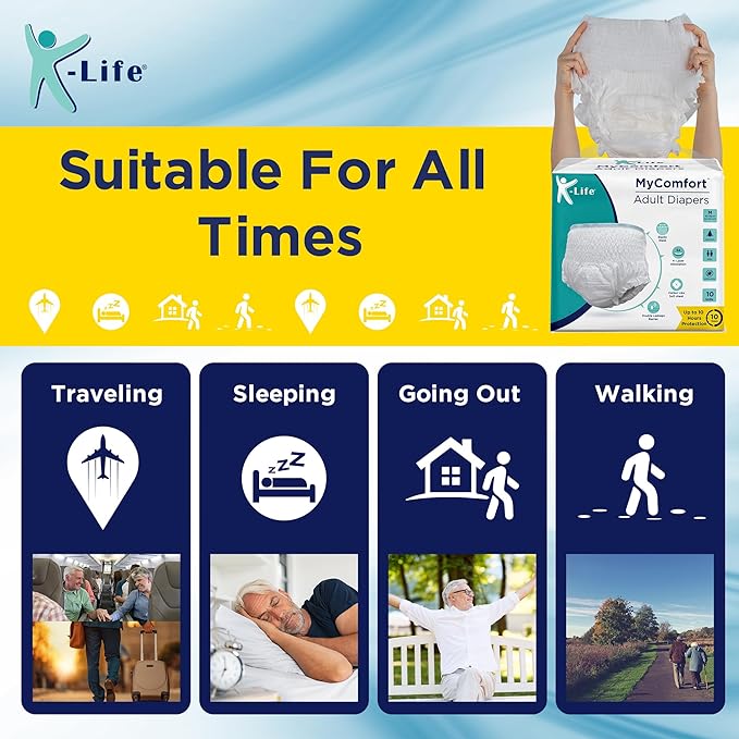 K-life Premium Anti-Bacterial 4layer Absorption Unisex Pant Style Adult Diapers | Pack of 1 | 10 Count | Medium (Waist Size 24-45 inch|65-115 cm)