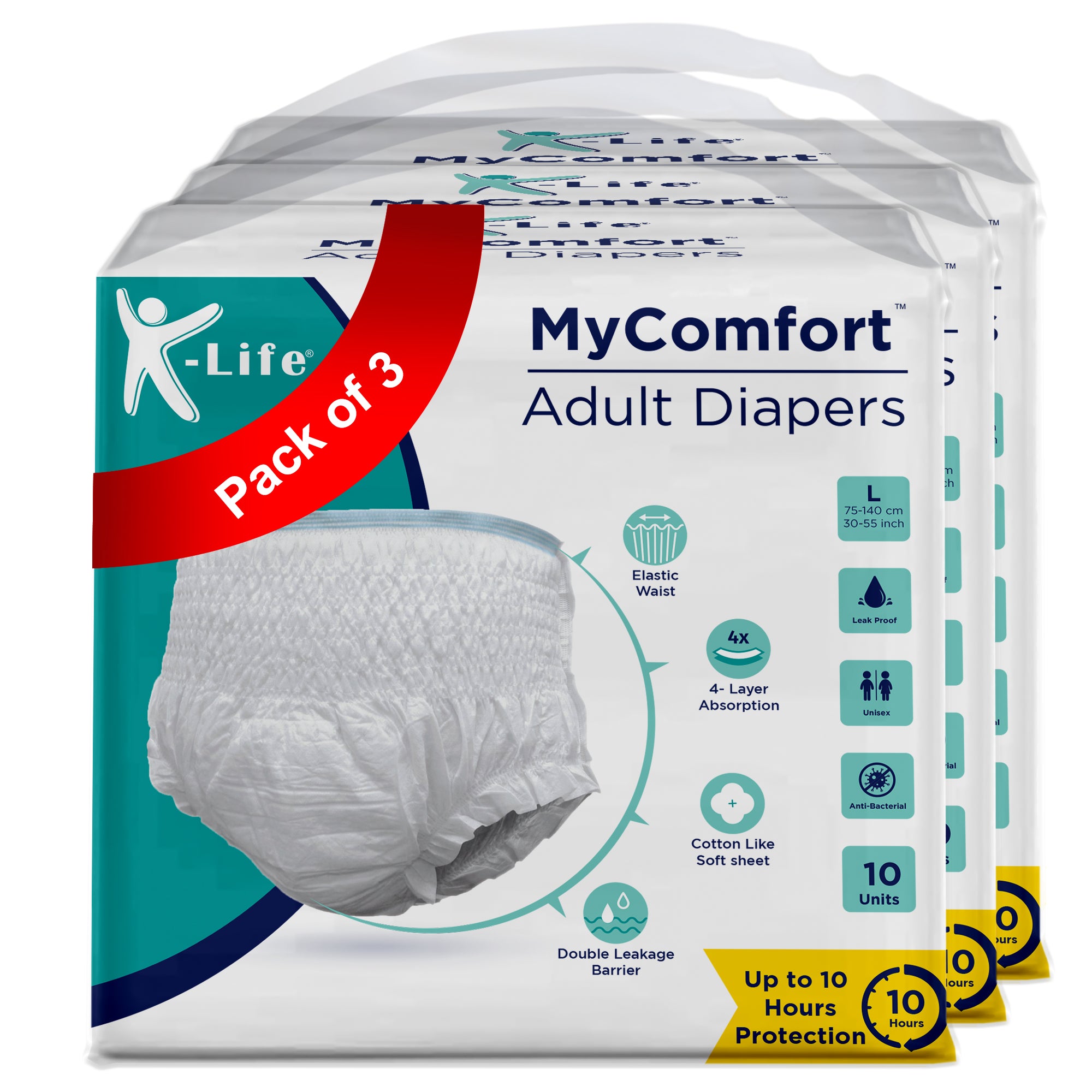 K-life Premium Anti-Bacterial 4layer Absorption Unisex Pant Style Adult Diapers | Pack of 3 | 30 Count | Large (Waist Size 30-55 inch|75-140 cm)