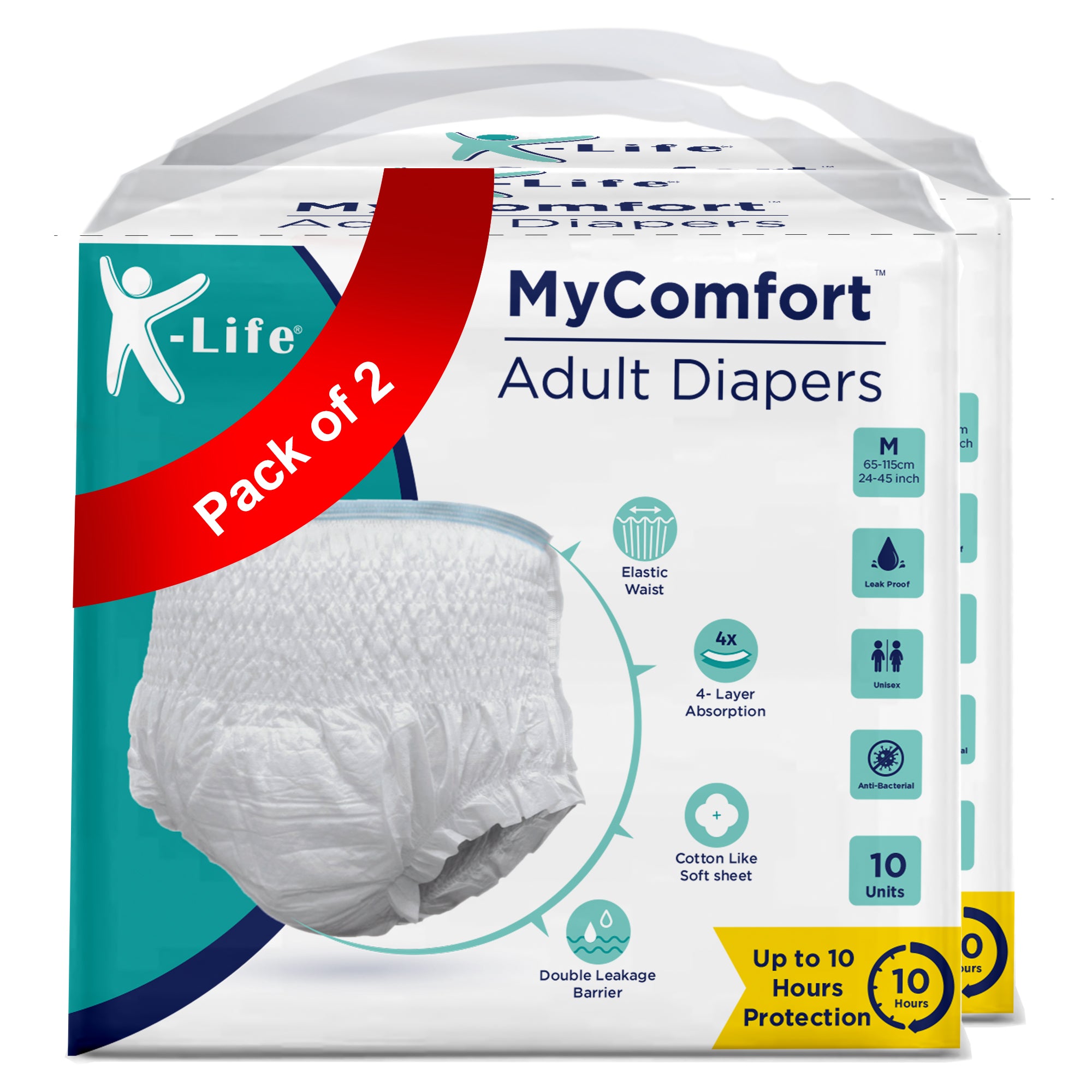 K-life Premium Anti-Bacterial 4layer Absorption Unisex Pant Style Adult Diapers | Pack of 2 | 20 Count | Medium (Waist Size 24-45 inch|65-115 cm)