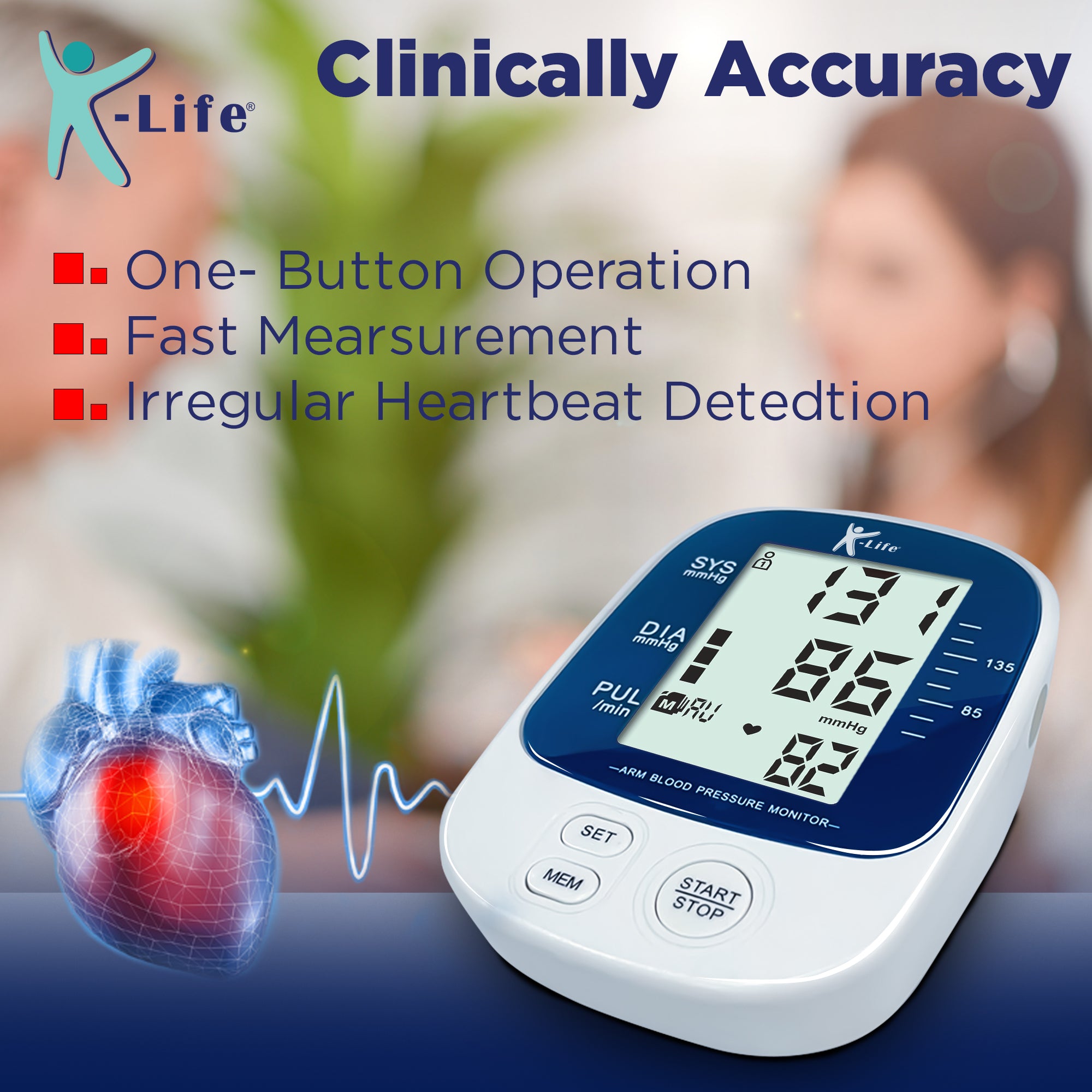 K-life BP-109 Blood Pressure Monitor | Digital BP check machine for home | Large, backlit LCD Display & One Touch Operation | Free Travel Pouch | With USB cable & AAA battery | Memory 99 sets for 2 users