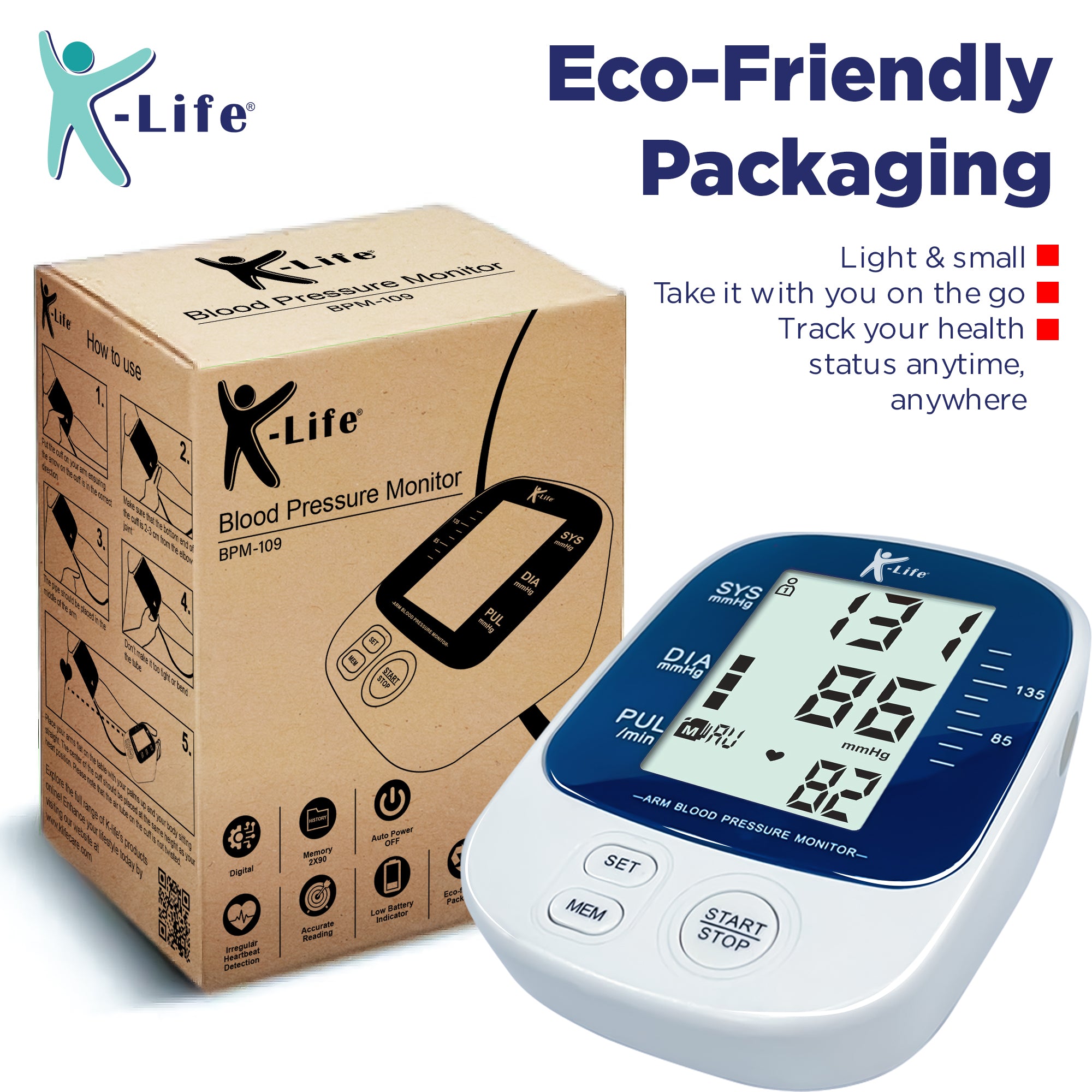 K-life BP-109 Blood Pressure Monitor | Digital BP check machine for home | Large, backlit LCD Display & One Touch Operation | Free Travel Pouch | With USB cable & AAA battery | Memory 99 sets for 2 users