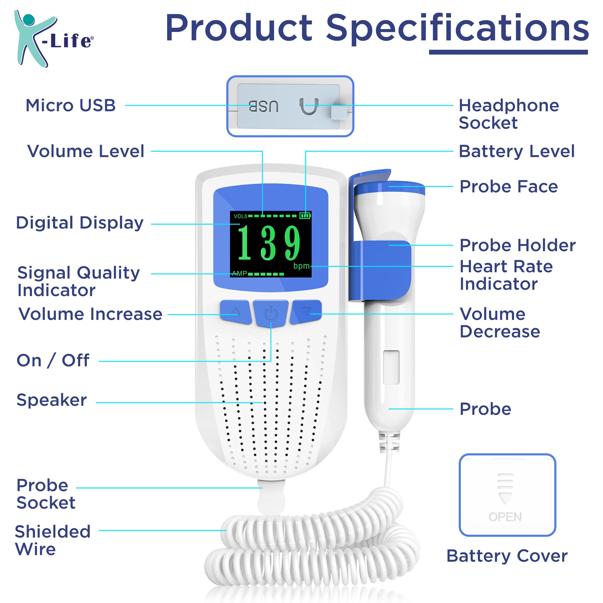 K-Life Model FD-101 Heartbeat Rate Detection Monitor with in-Built Speaker Fedal Doppler (White)