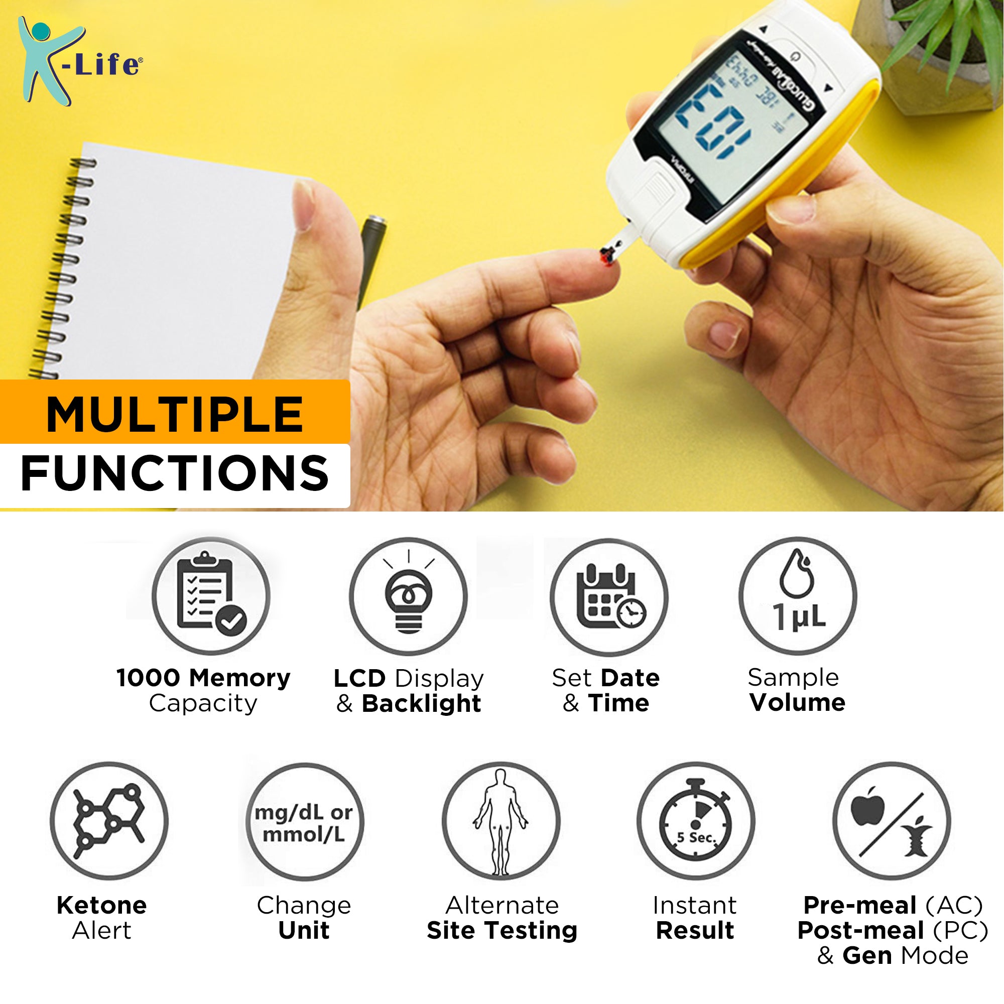 K-Life Gluco lab Fully Automatic Blood Glucose Sugar Testing Machine with 25 Strips (White)