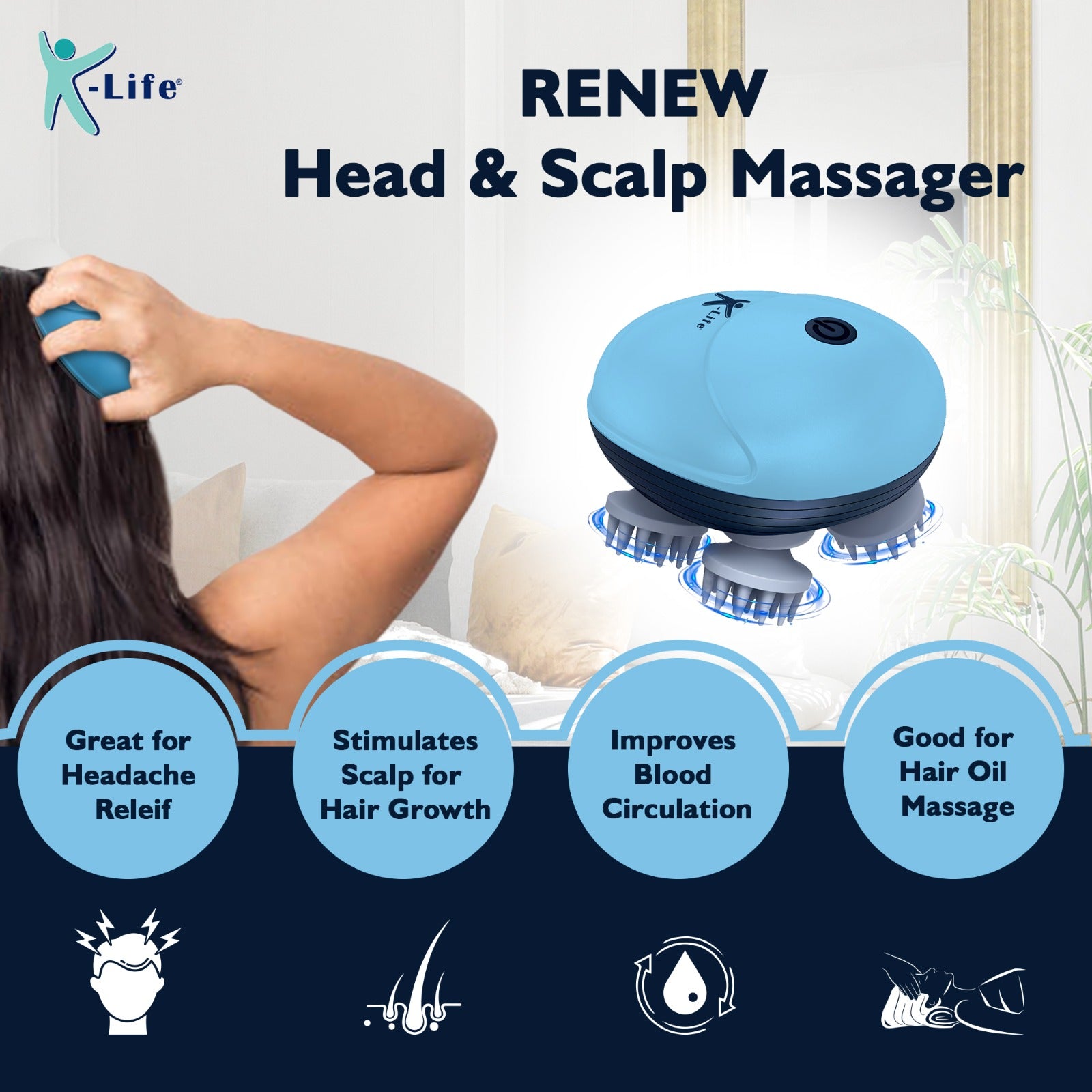 K-life HSM-101 RENEW Electric Rechargeable Type -C | Head Kneading Massager | 3 Speed Modes | 96 Silicon Kneading Points with Detachable Heads | Handheld Portable Head Scratcher for Hair Growth |Deep Clean & Stress Relaxation (Sky Blue)