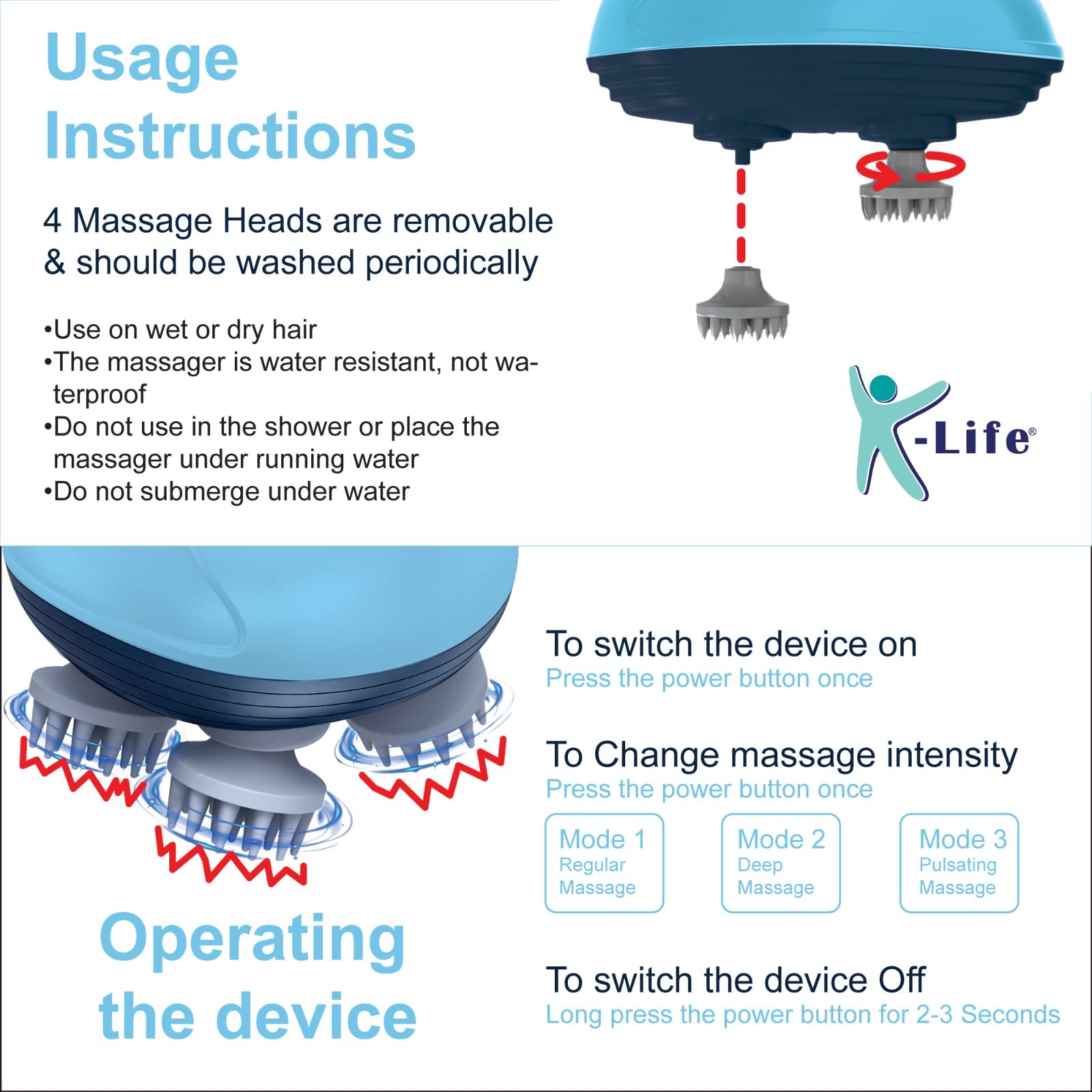 K-life HSM-101 RENEW Electric Rechargeable Type -C | Head Kneading Massager | 3 Speed Modes | 96 Silicon Kneading Points with Detachable Heads | Handheld Portable Head Scratcher for Hair Growth |Deep Clean & Stress Relaxation (Sky Blue)