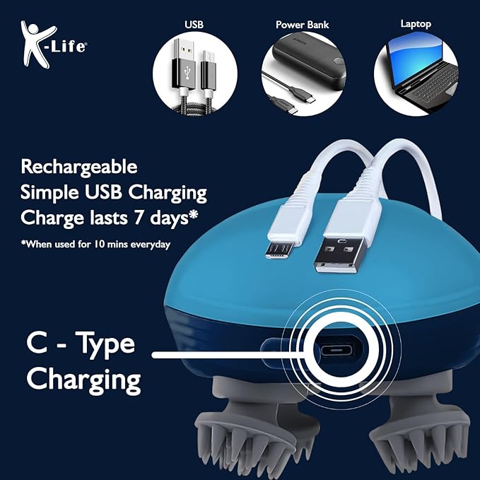 K-life HSM-101 RENEW Electric Rechargeable Type -C | Head Kneading Massager | 3 Speed Modes | 96 Silicon Kneading Points with Detachable Heads | Handheld Portable Head Scratcher for Hair Growth |Deep Clean & Stress Relaxation (Sky Blue)