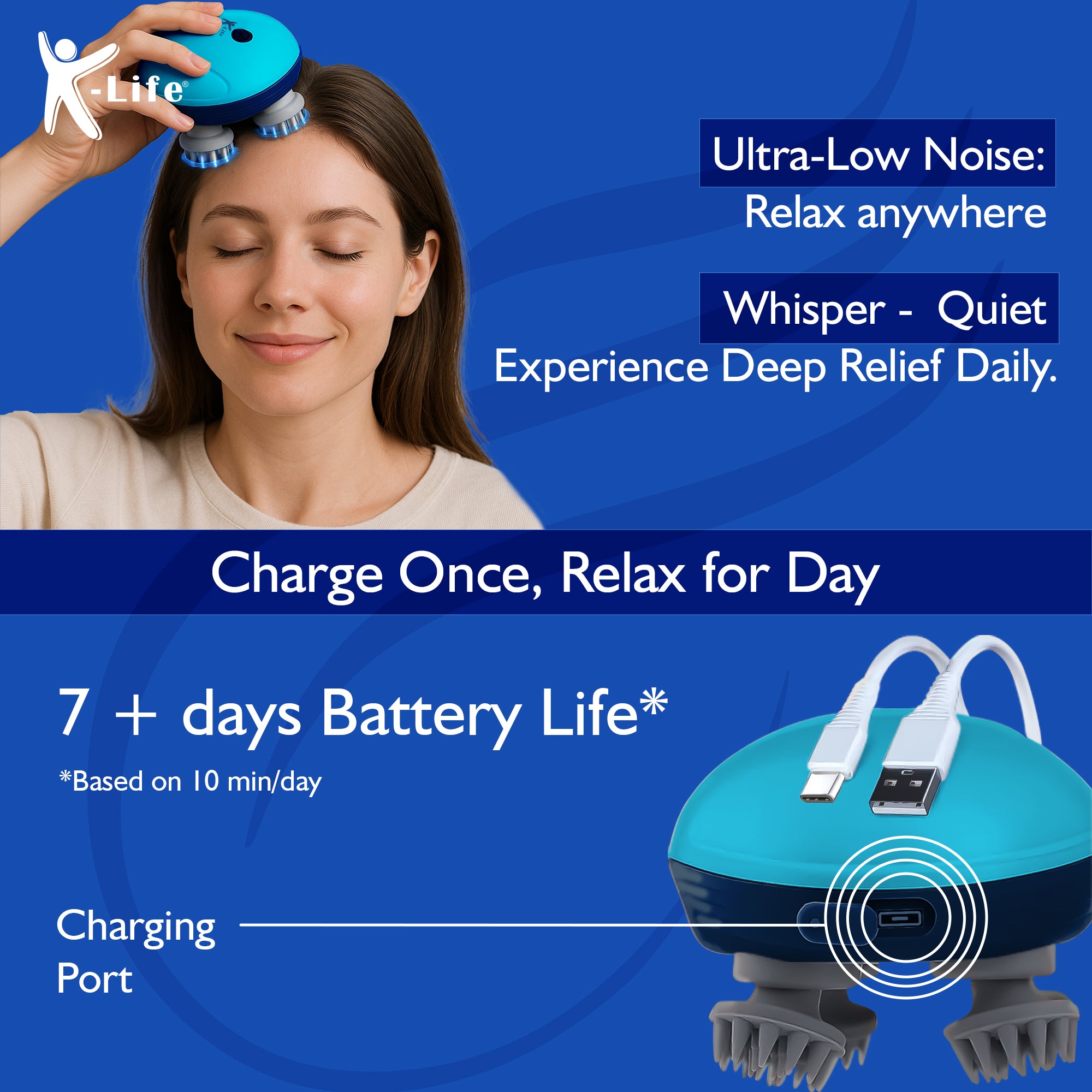 K-life HSM-101 RENEW Electric Rechargeable Type -C | Head Kneading Massager | 3 Speed Modes | 96 Silicon Kneading Points with Detachable Heads | Handheld Portable Head Scratcher for Hair Growth |Deep Clean & Stress Relaxation (Sky Blue)