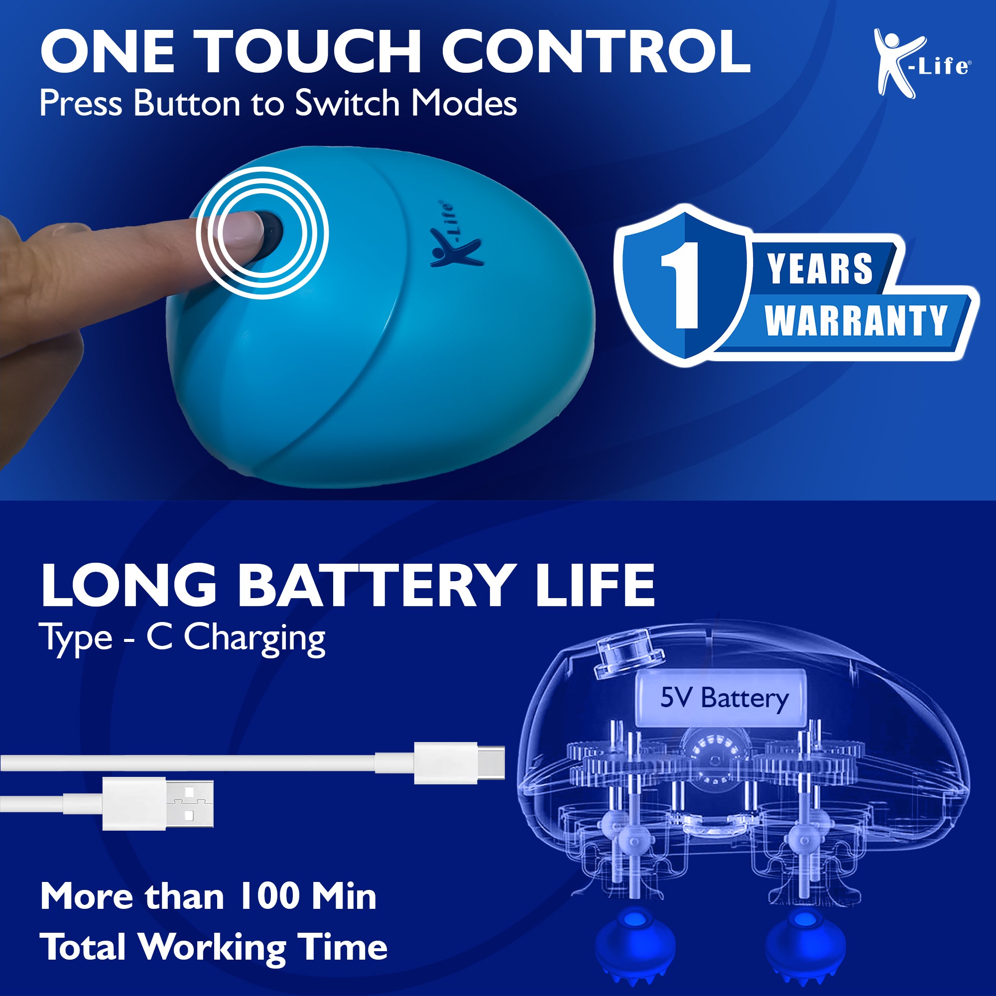 K-life HSM-101 RENEW Electric Rechargeable Type -C | Head Kneading Massager | 3 Speed Modes | 96 Silicon Kneading Points with Detachable Heads | Handheld Portable Head Scratcher for Hair Growth |Deep Clean & Stress Relaxation (Sky Blue)