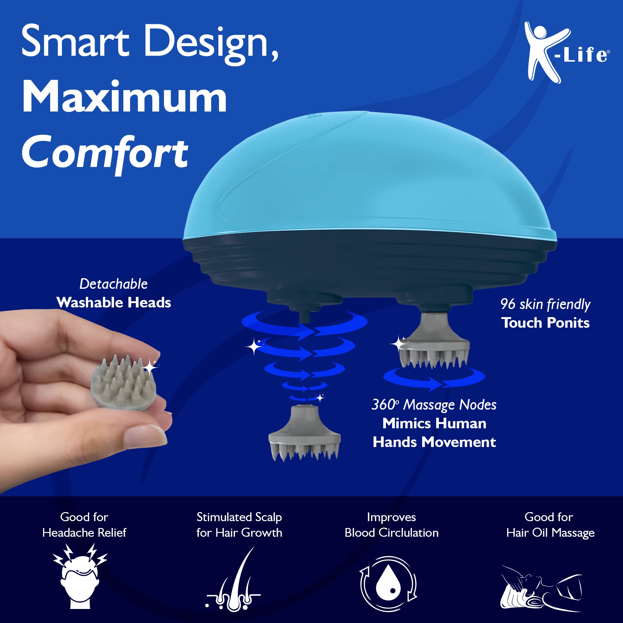 K-life HSM-101 RENEW Electric Rechargeable Type -C | Head Kneading Massager | 3 Speed Modes | 96 Silicon Kneading Points with Detachable Heads | Handheld Portable Head Scratcher for Hair Growth |Deep Clean & Stress Relaxation (Sky Blue)