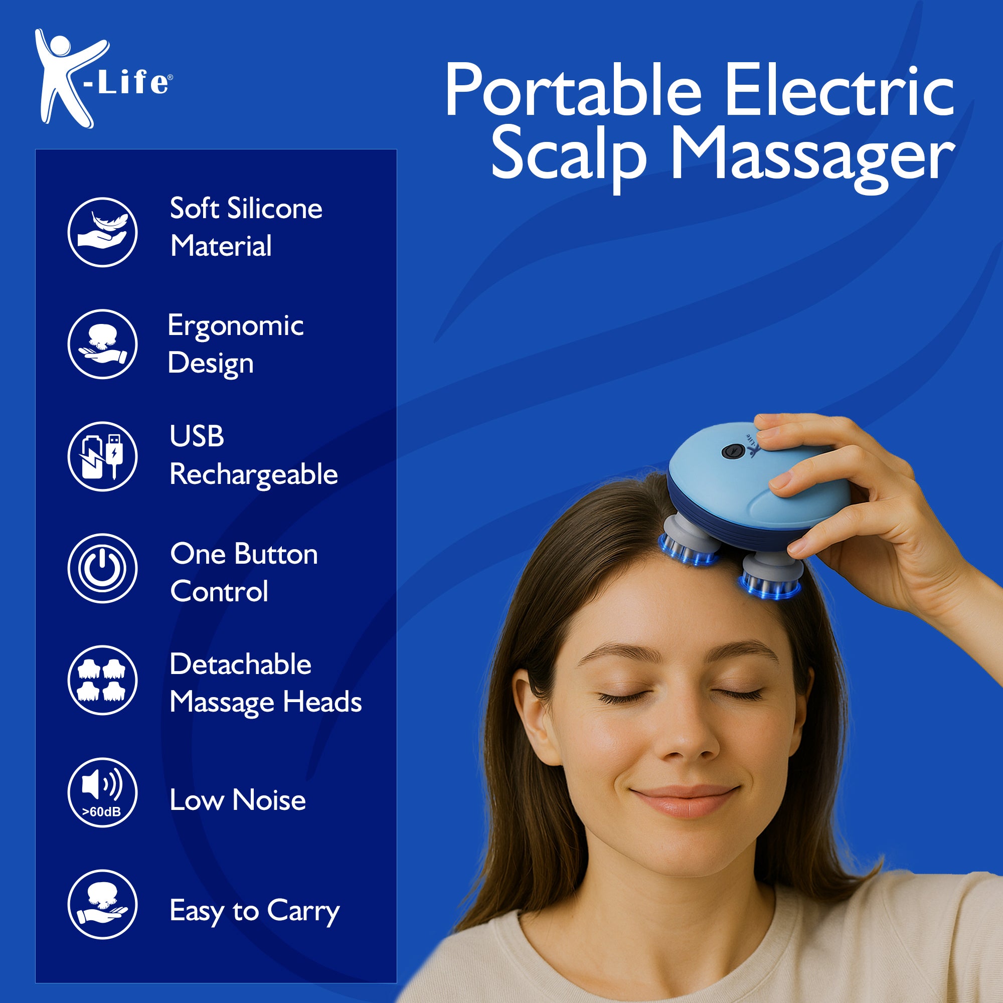 K-life HSM-101 RENEW Electric Rechargeable Type -C | Head Kneading Massager | 3 Speed Modes | 96 Silicon Kneading Points with Detachable Heads | Handheld Portable Head Scratcher for Hair Growth |Deep Clean & Stress Relaxation (Sky Blue)