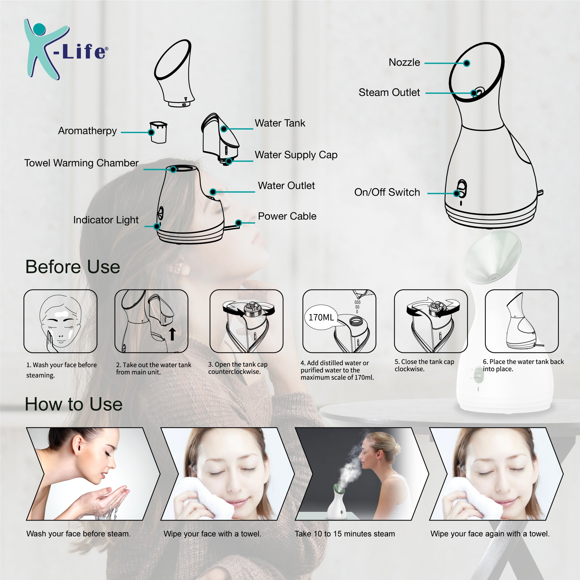 k-life Nano Ionic Facial Spa Vaporizer for Cold & Cough Sinus Steamer for Face steam Aroma Diffuser Humidifier and Towel warmer