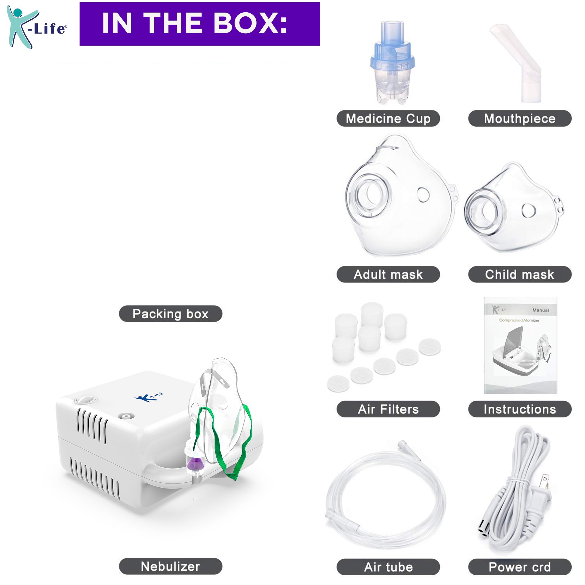 K-Life Neb-107 Portable Piston Compressor Nebulizer with Complete Masks kit (White)