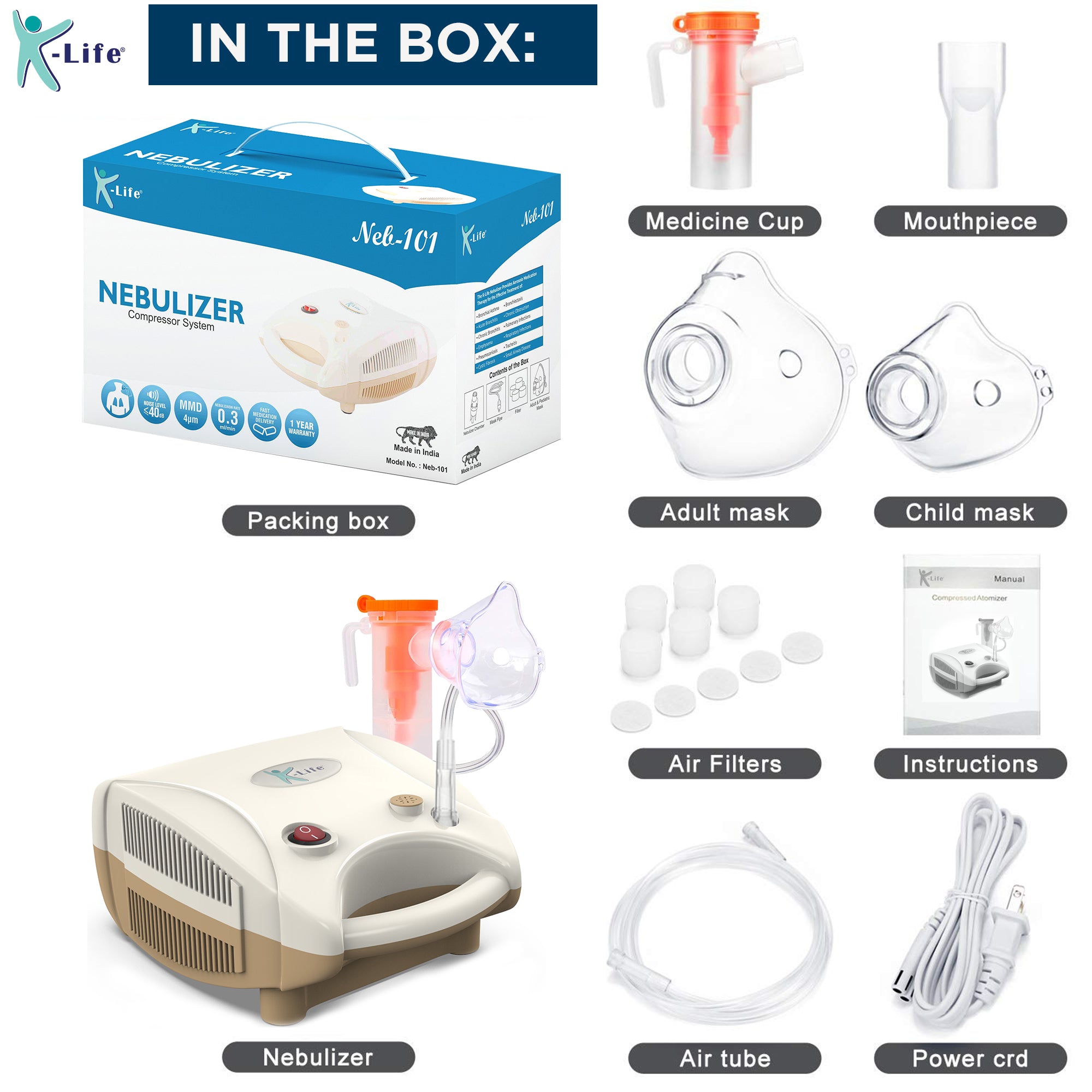 K-Life Neb-101 Compressor Nebulizer Machine Kit with Child and Adult Masks (Brown)