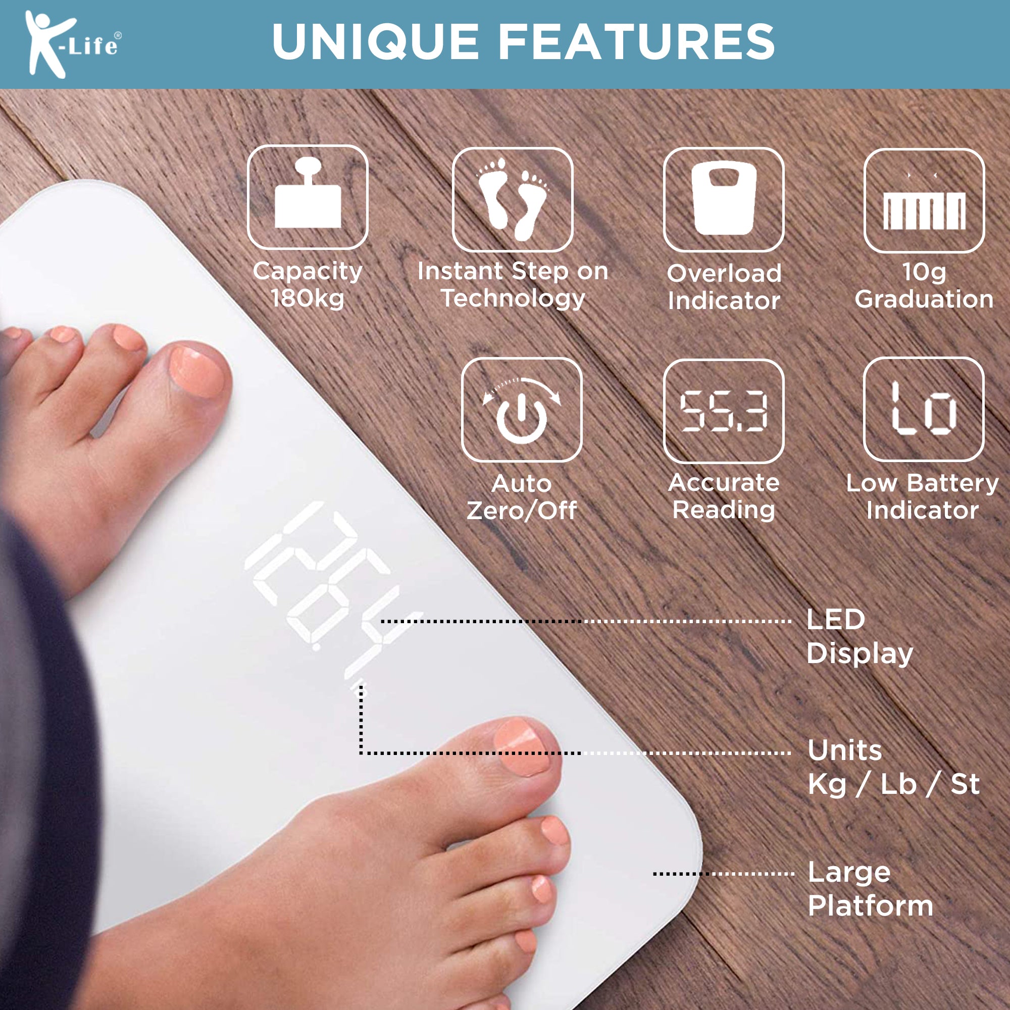 K-Life WS-103 Digital Personal Electronic Body Weight Machine for Human Body 180kg Capacity Weighing Scale, White……