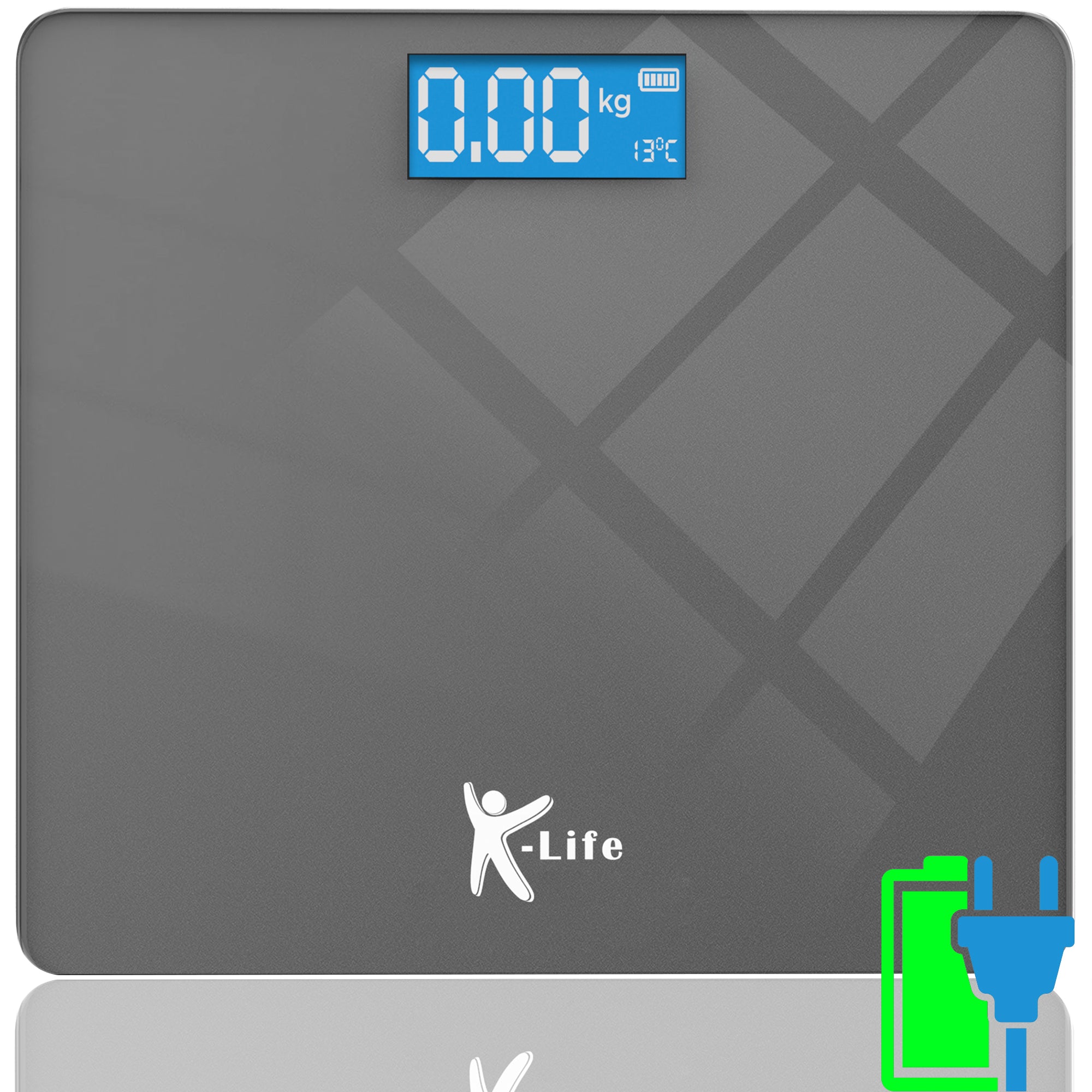 K-life WS-101B Digital Rechargeable Personal Electronic Body Weight Machine for Human Body 180kg Capacity Weighing Scale (Grey)