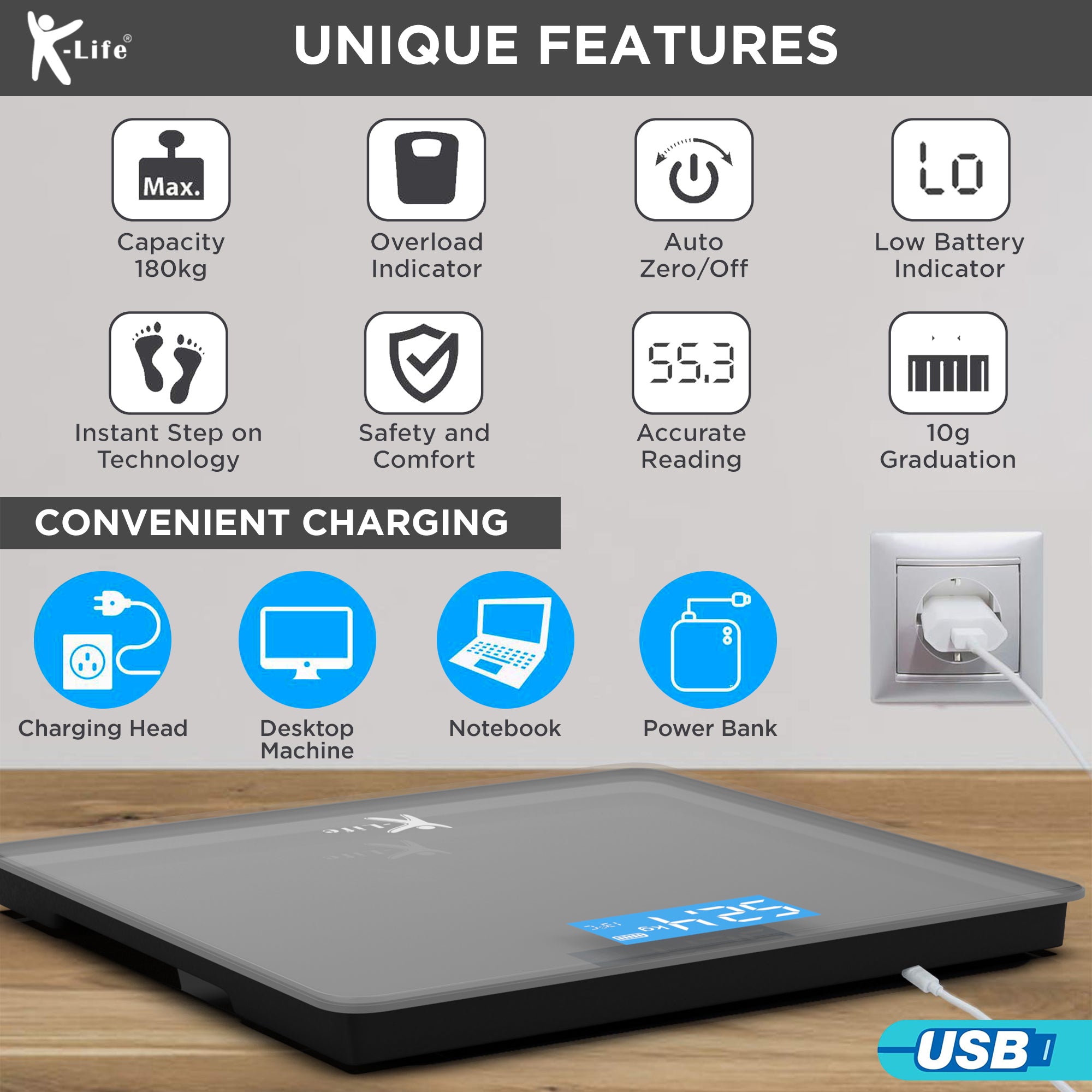 K-life WS-101B Digital Rechargeable Personal Electronic Body Weight Machine for Human Body 180kg Capacity Weighing Scale (Grey)