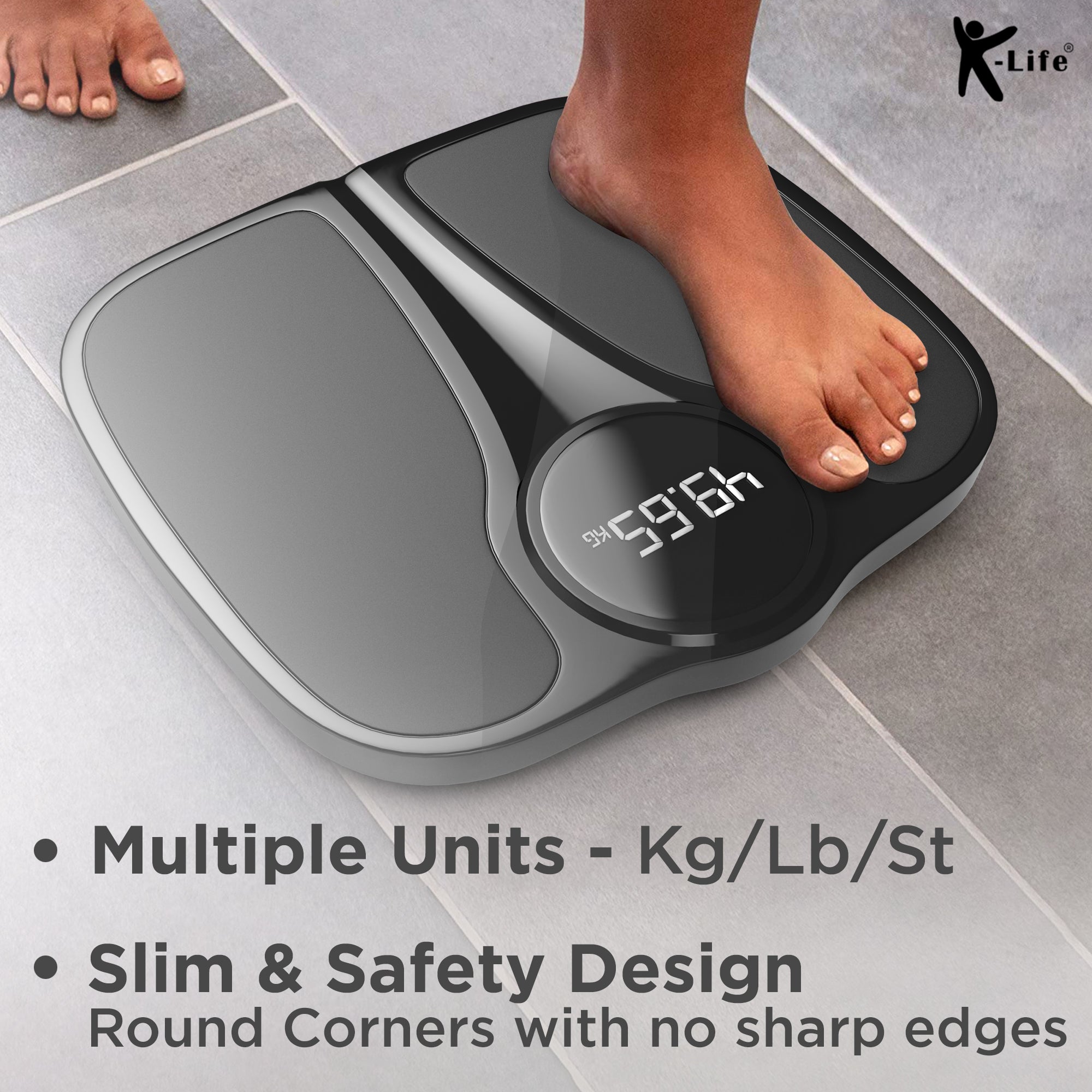 K-Life WS-102 Digital Personal Electronic Body Weight Machine for Human Body 200 kg Capacity Weighing Scale, Black