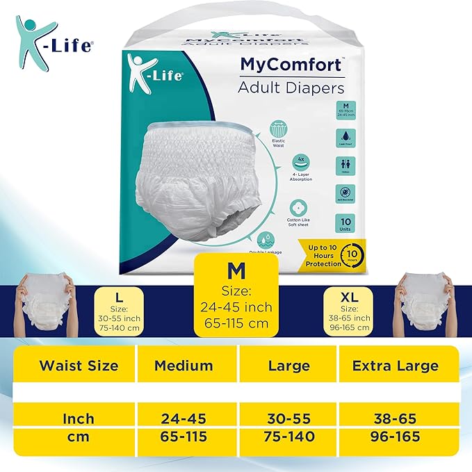 K-life Premium Anti-Bacterial 4layer Absorption Unisex Pant Style Adult Diapers | Pack of 3 | 30 Count | Medium (Waist Size 24-45 inch|65-115 cm)