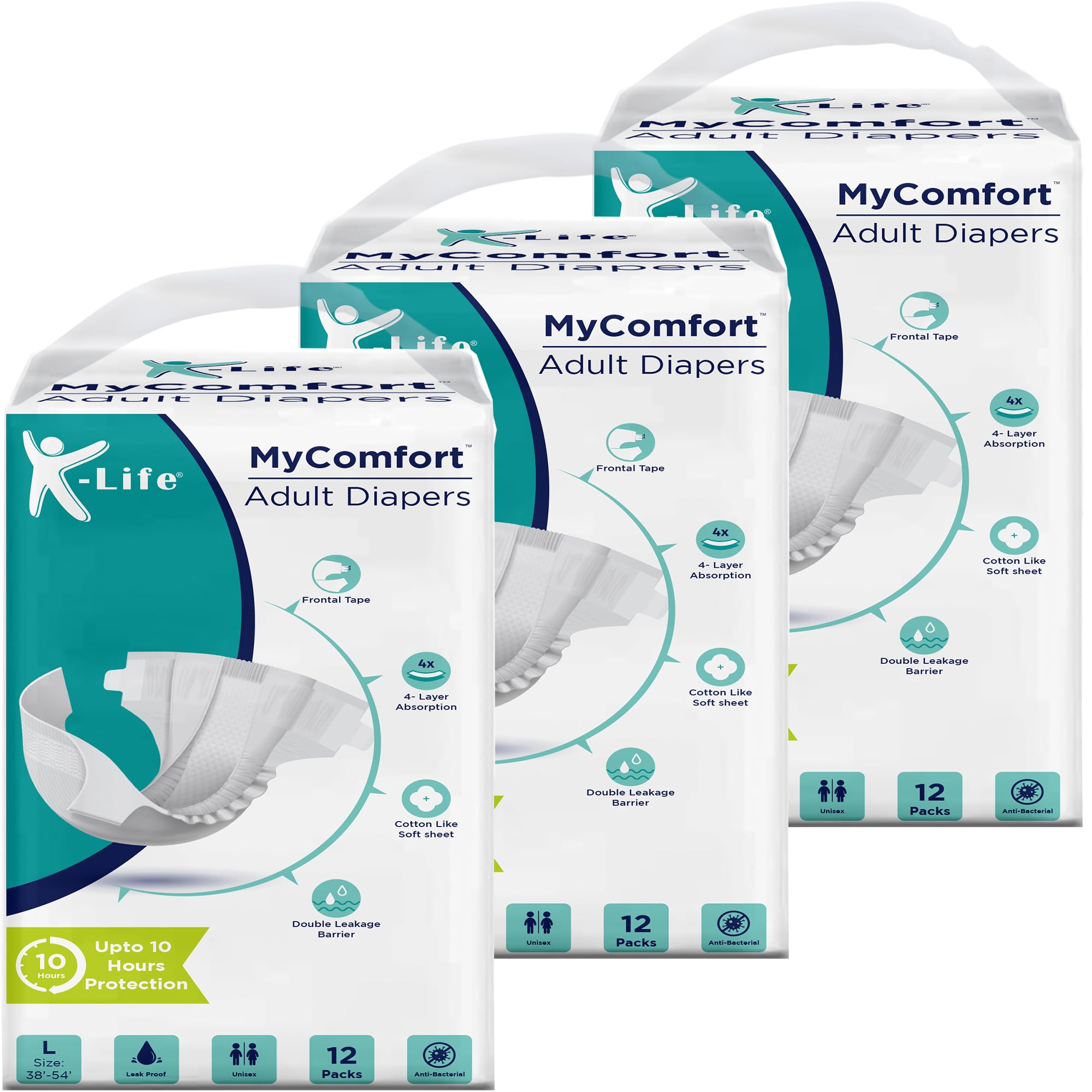 K-life Premium Anti-Bacterial 4layer Absorption Unisex Tape Style Adult Diapers | Pack of 3 | 30 Count | Large (Waist Size 38-54 inch|96-137 cm)