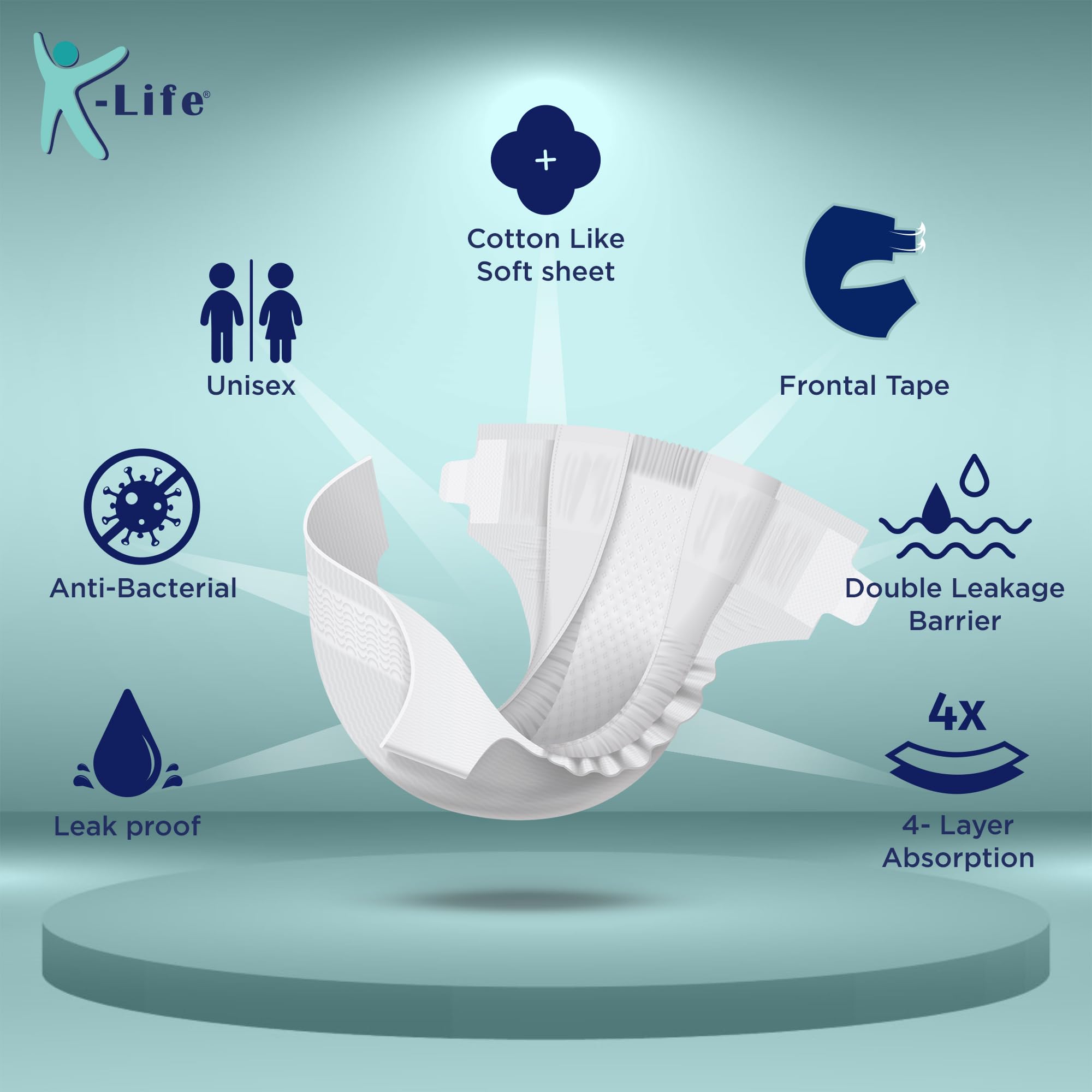 K-Life Adult Diapers L Size Premium Anti-Bacterial 4-Layer Absorption Unisex Tape-Style Diaper Upto 10 Hours Protection – Pack of 1 (10 Count), Large (Waist 38–54 in | 96–137 cm)