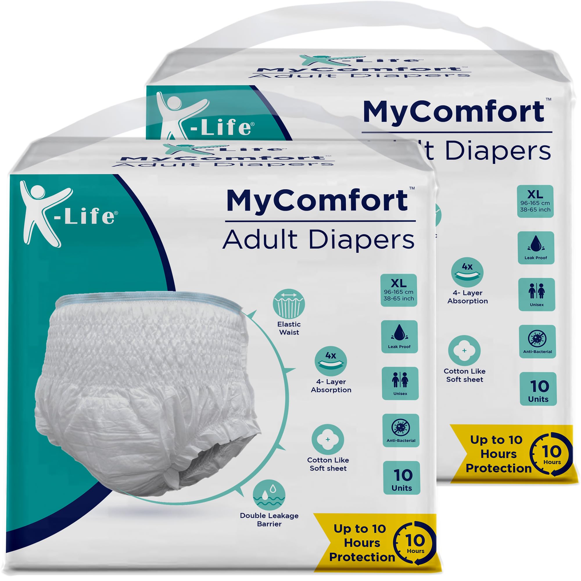 K-life Premium Anti-Bacterial 4layer Absorption Unisex Pant Style Adult Diapers | Pack of 2 | 20 Count | Extra Large (Waist Size 38-65 inch |96-165 cm)