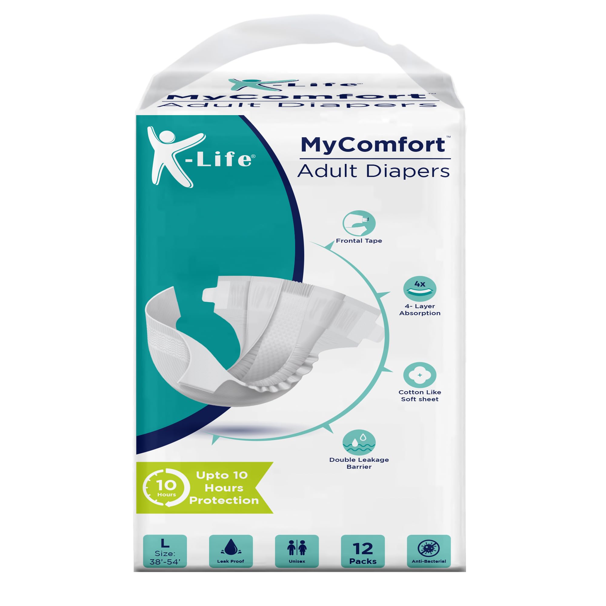 K-Life Adult Diapers L Size Premium Anti-Bacterial 4-Layer Absorption Unisex Tape-Style Diaper Upto 10 Hours Protection – Pack of 1 (10 Count), Large (Waist 38–54 in | 96–137 cm)