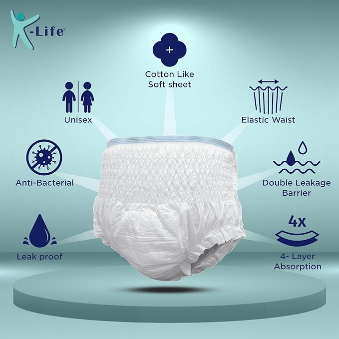 K-life Premium Anti-Bacterial 4layer Absorption Unisex Pant Style Adult Diapers | Pack of 1 | 10 Count | Medium (Waist Size 24-45 inch|65-115 cm)