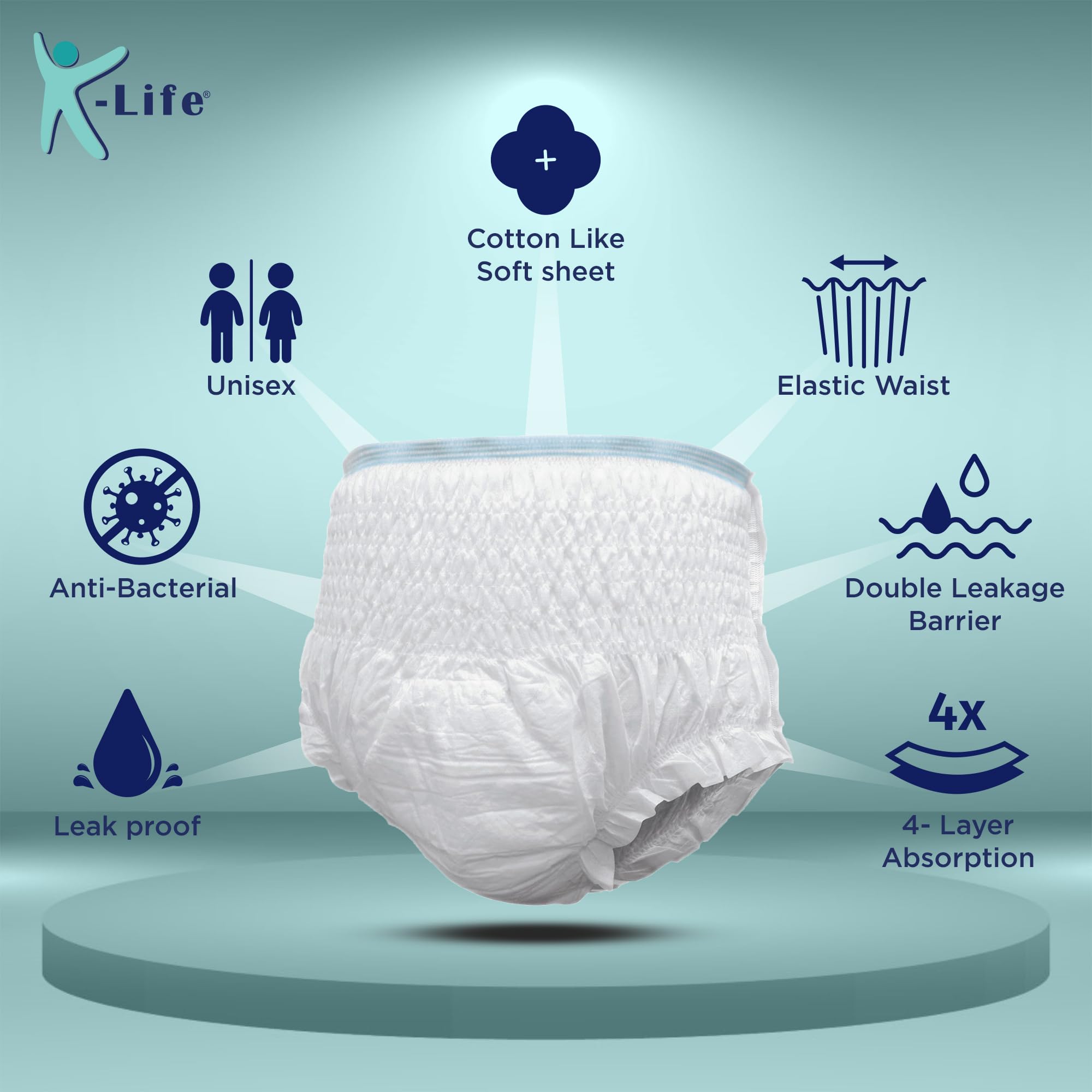 K-life Premium Anti-Bacterial 4layer Absorption Unisex Pant Style Adult Diapers | Pack of 2 | 20 Count | Extra Large (Waist Size 38-65 inch |96-165 cm)