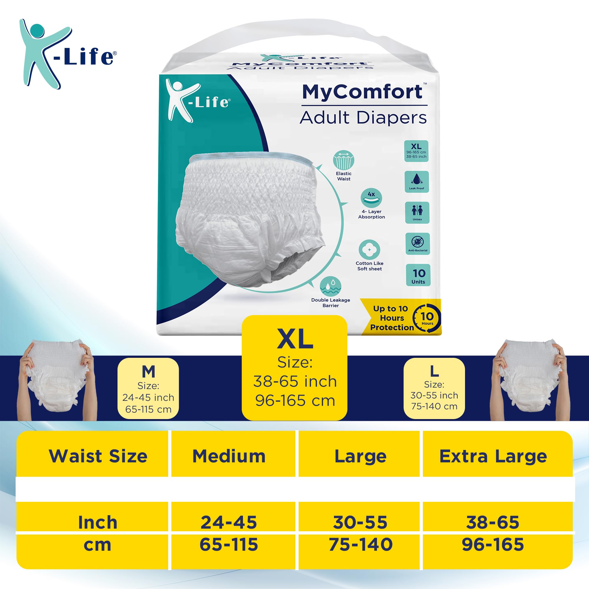 K-life Premium Anti-Bacterial 4layer Absorption Unisex Pant Style Adult Diapers | Pack of 2 | 20 Count | Extra Large (Waist Size 38-65 inch |96-165 cm)