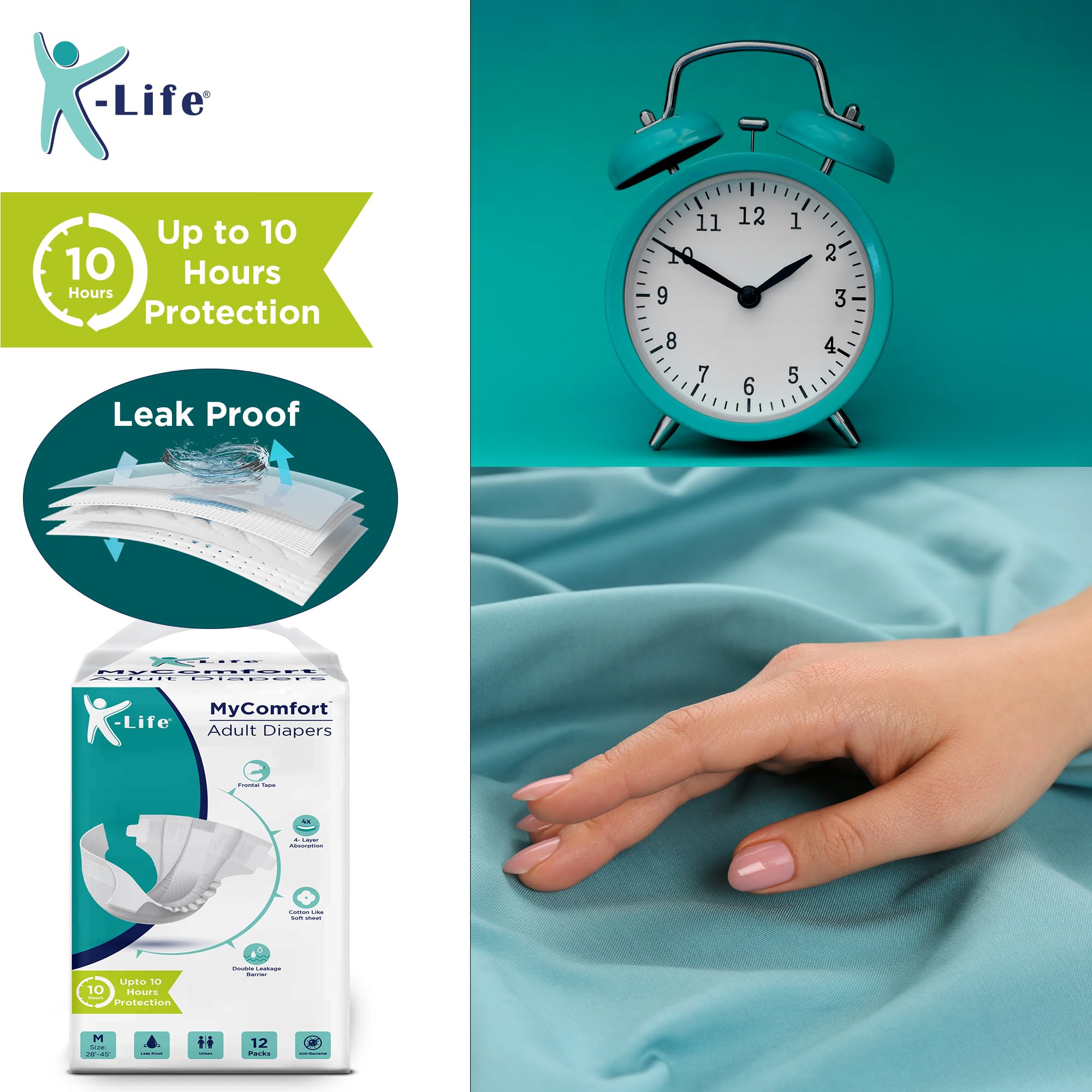K-Life Adult Diapers L Size Premium Anti-Bacterial 4-Layer Absorption Unisex Tape-Style Diaper Upto 10 Hours Protection – Pack of 1 (10 Count), Large (Waist 38–54 in | 96–137 cm)