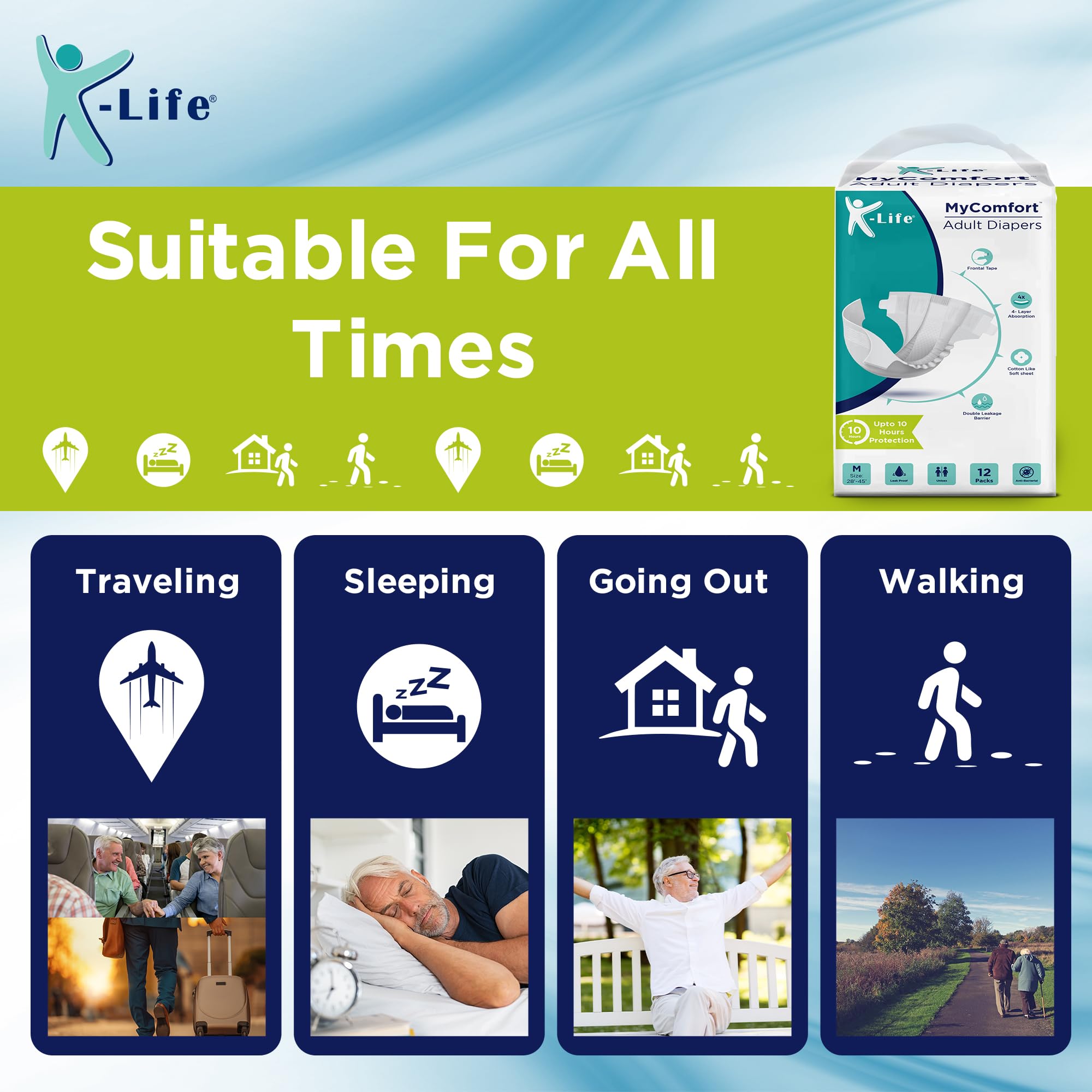 K-Life Adult Diapers L Size Premium Anti-Bacterial 4-Layer Absorption Unisex Tape-Style Diaper Upto 10 Hours Protection – Pack of 1 (10 Count), Large (Waist 38–54 in | 96–137 cm)