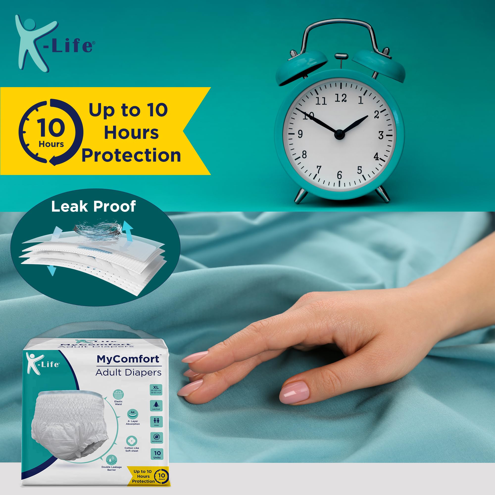 K-life Premium Anti-Bacterial 4layer Absorption Unisex Pant Style Adult Diapers | Pack of 2 | 20 Count | Extra Large (Waist Size 38-65 inch |96-165 cm)