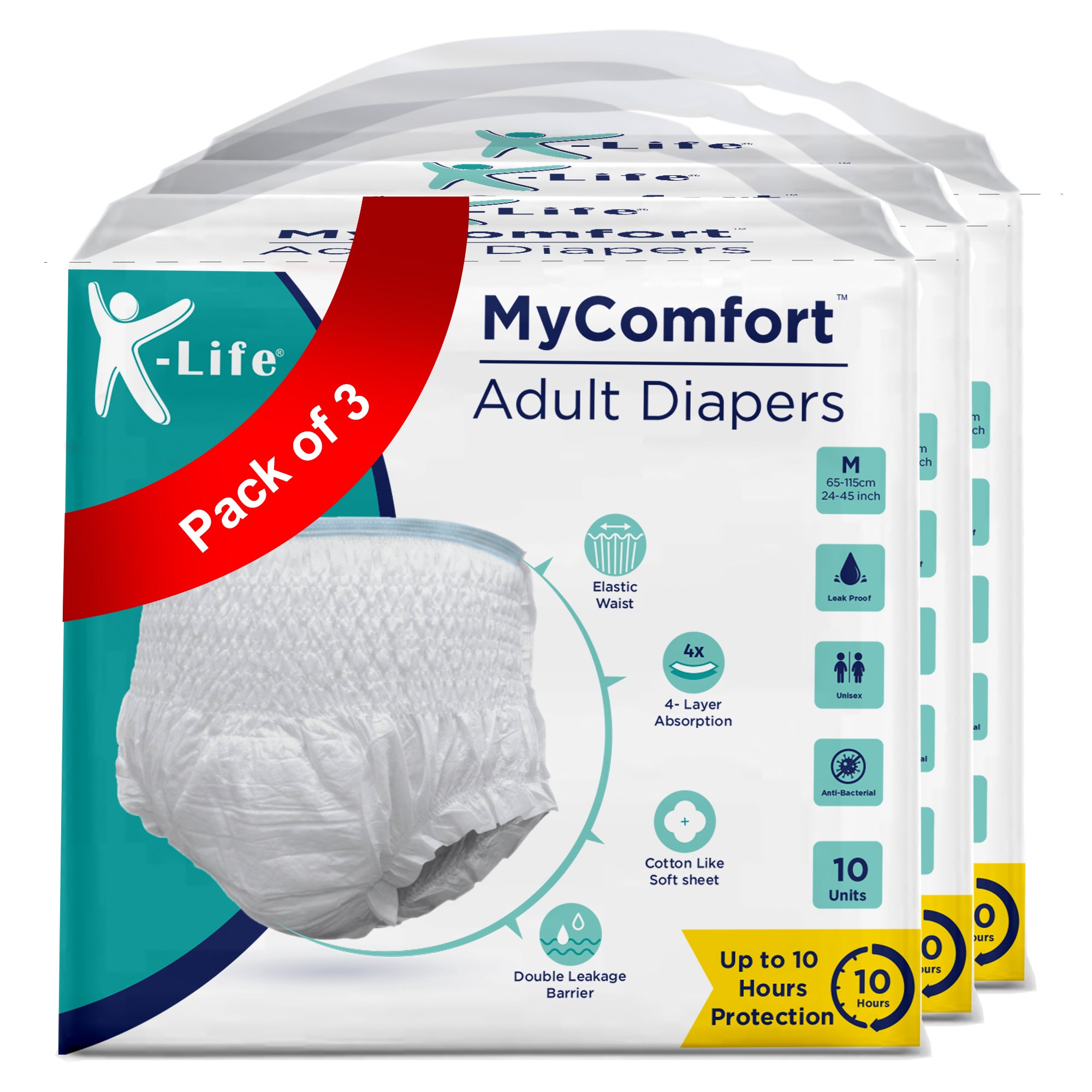 K-life Premium Anti-Bacterial 4layer Absorption Unisex Pant Style Adult Diapers | Pack of 3 | 30 Count | Medium (Waist Size 24-45 inch|65-115 cm)