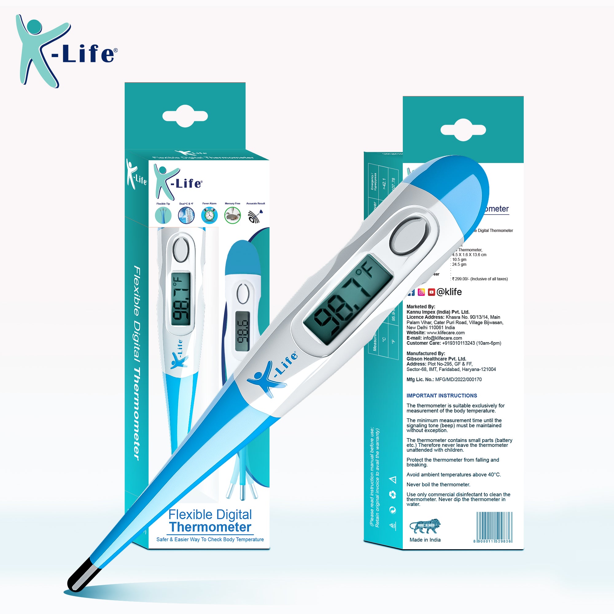 K-life FDT-101 Flexible Tip Digital Fever Check Machine for Kids Adults & Babies Thermometer (White Blue)