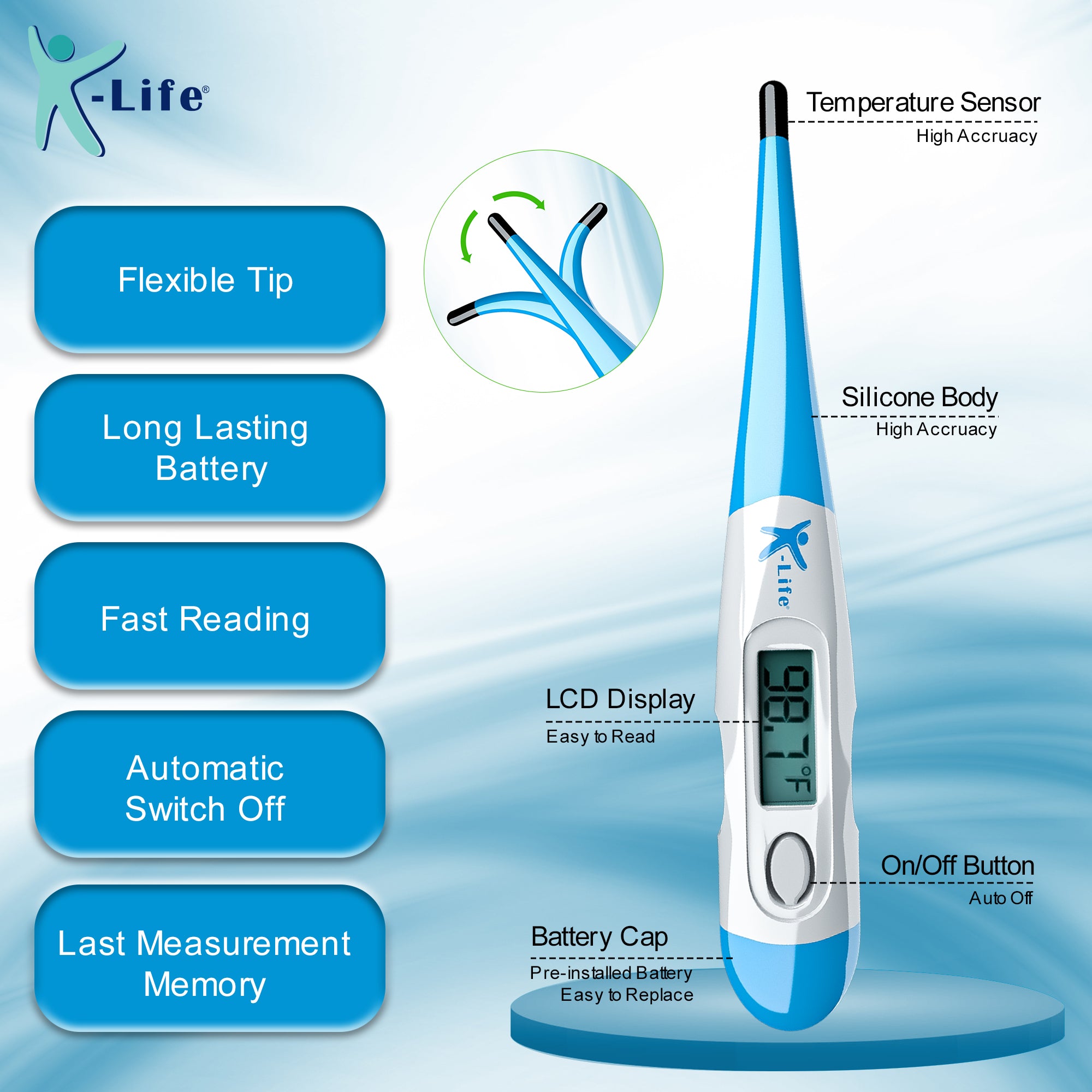 K-life FDT-101 Flexible Tip Digital Fever Check Machine for Kids Adults & Babies Thermometer (White Blue)