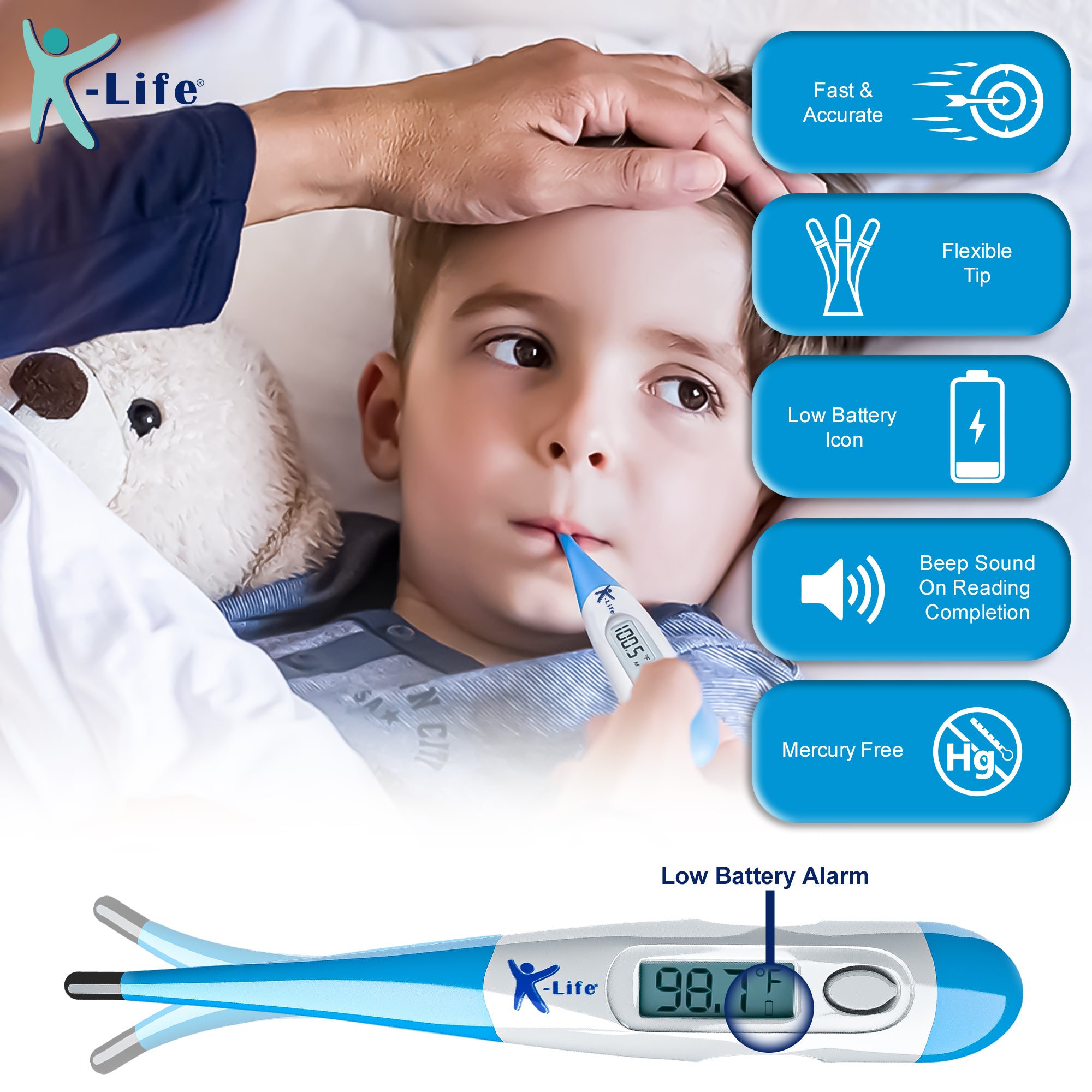 K-life FDT-101 Flexible Tip Digital Fever Check Machine for Kids Adults & Babies Thermometer (White Blue)