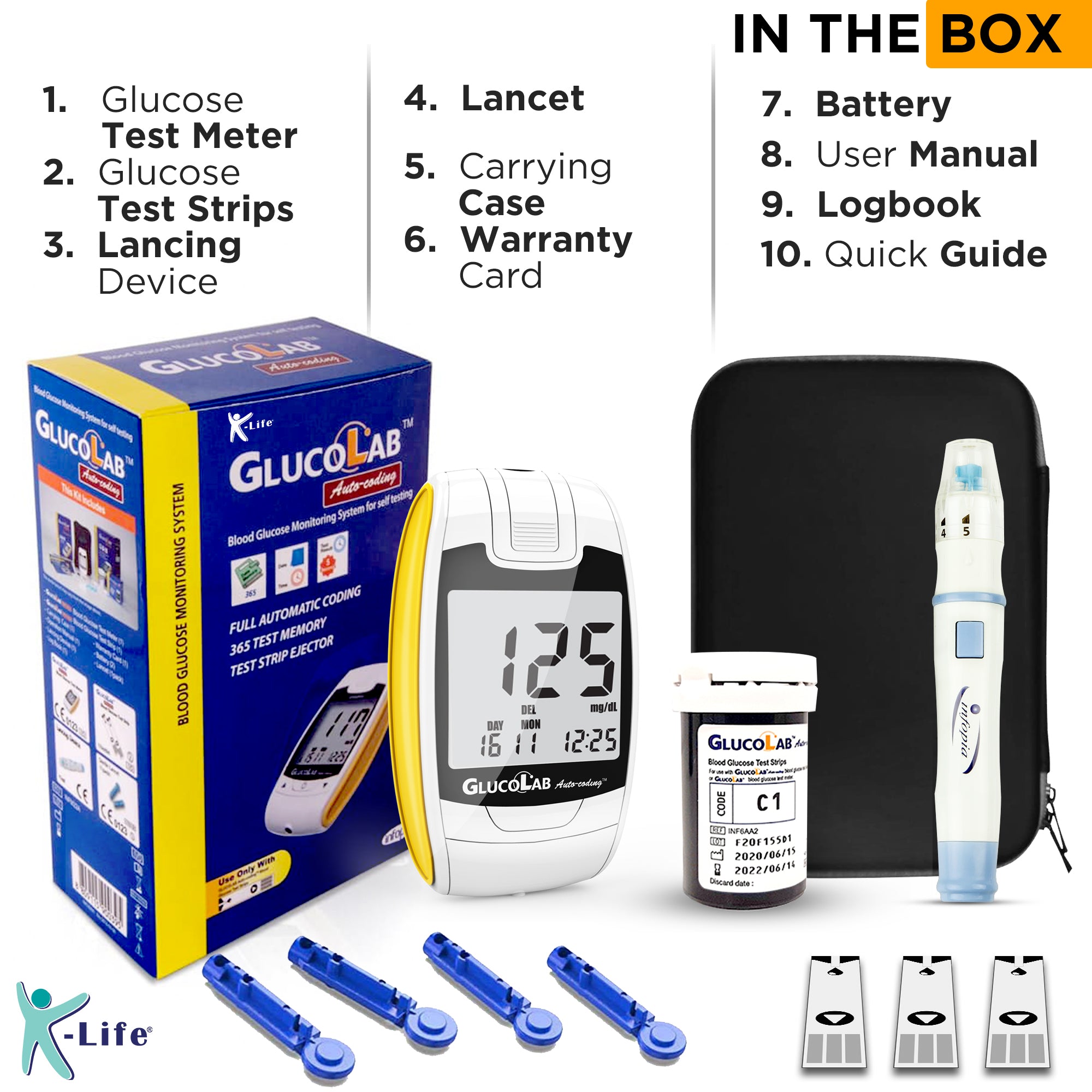 K-Life Gluco lab Fully Automatic Blood Glucose Sugar Testing Machine with 25 Strips (White)