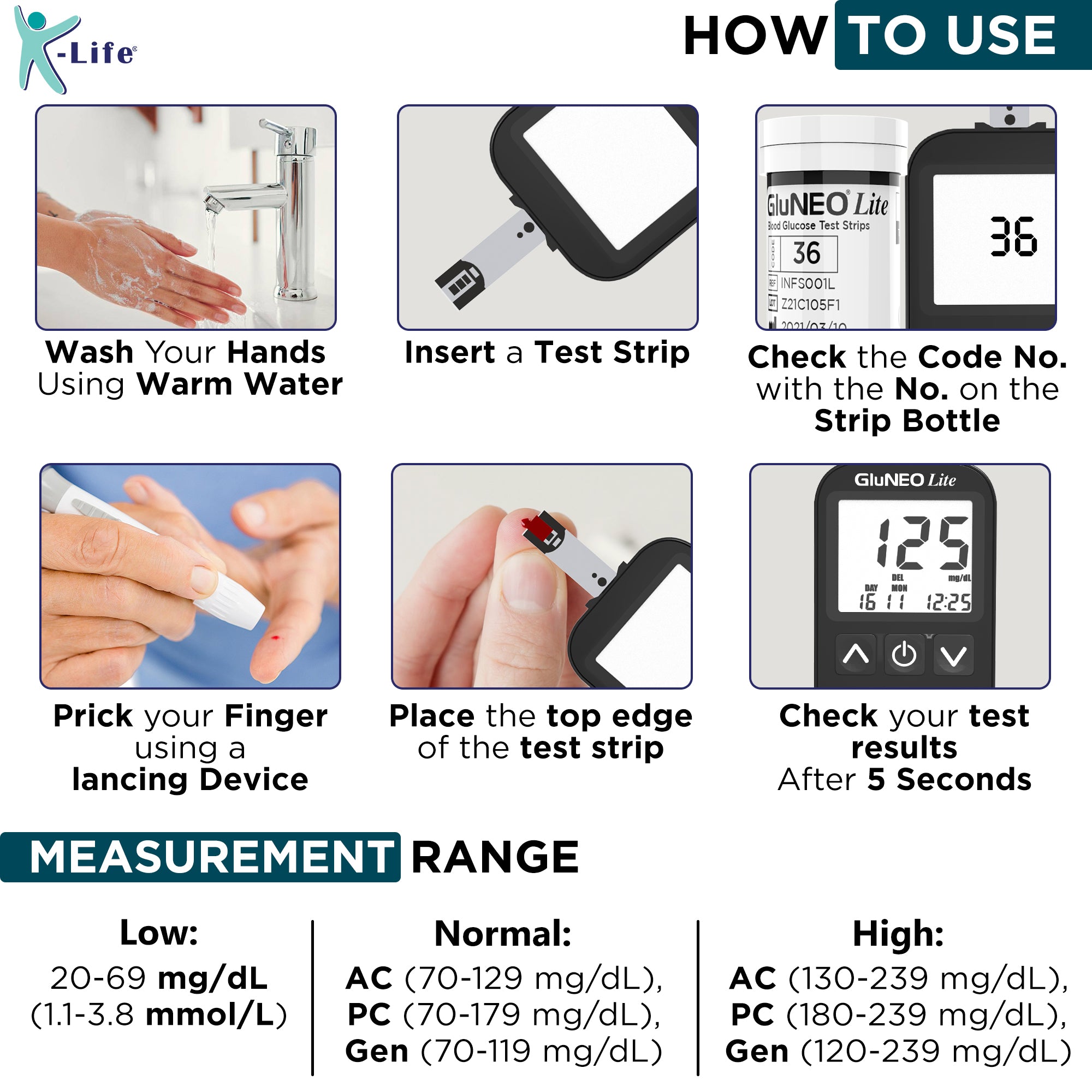 K-Life Gluneo lite Fully Automatic Blood Glucose Sugar Testing Machine with 25 Strips (black)