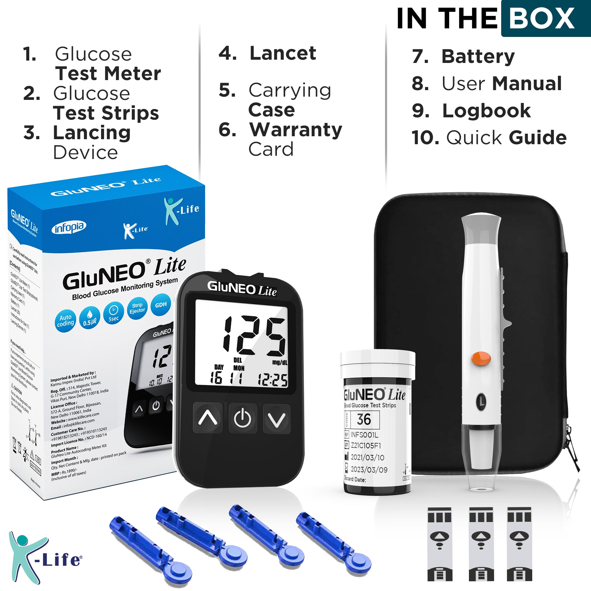 K-Life Gluneo lite Fully Automatic Blood Glucose Sugar Testing Machine with 25 Strips (black)