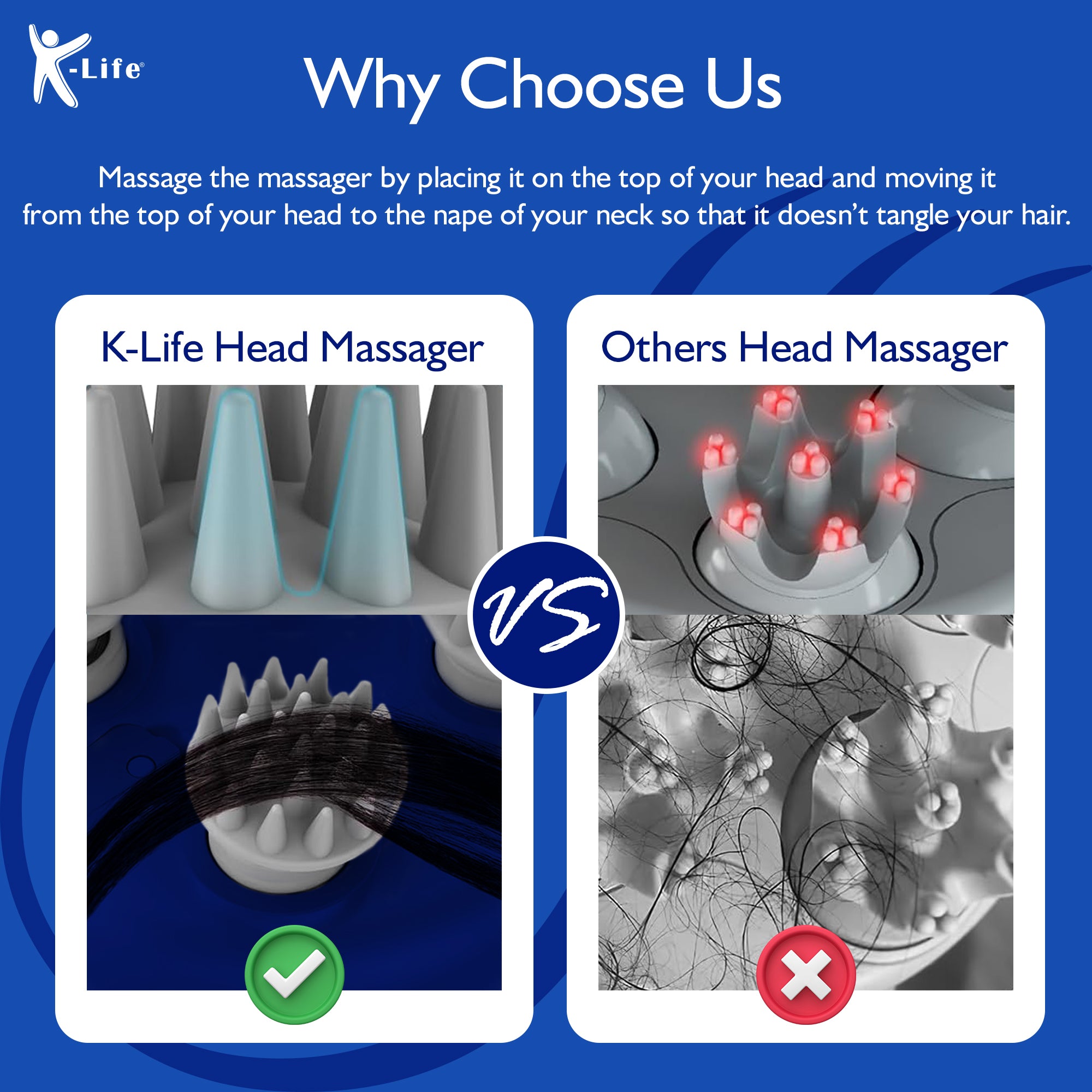 K-life HSM-101 RENEW Electric Rechargeable Type -C | Head Kneading Massager | 3 Speed Modes | 96 Silicon Kneading Points with Detachable Heads | Handheld Portable Head Scratcher for Hair Growth |Deep Clean & Stress Relaxation (Sky Blue)