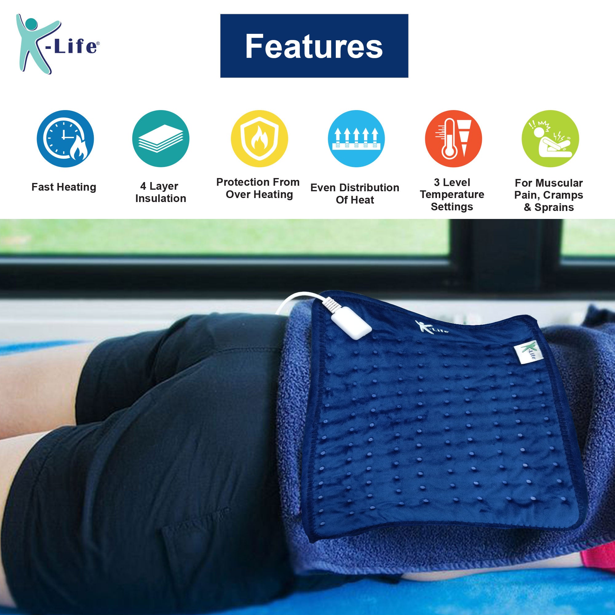 K-life Velvet Heat Therapy Orthopedic Pain Relief Electric Heating Pad with Temperature Controller for Joints, Muscle, Back, Leg, Shoulder, Knee, Neck & Period Cramps