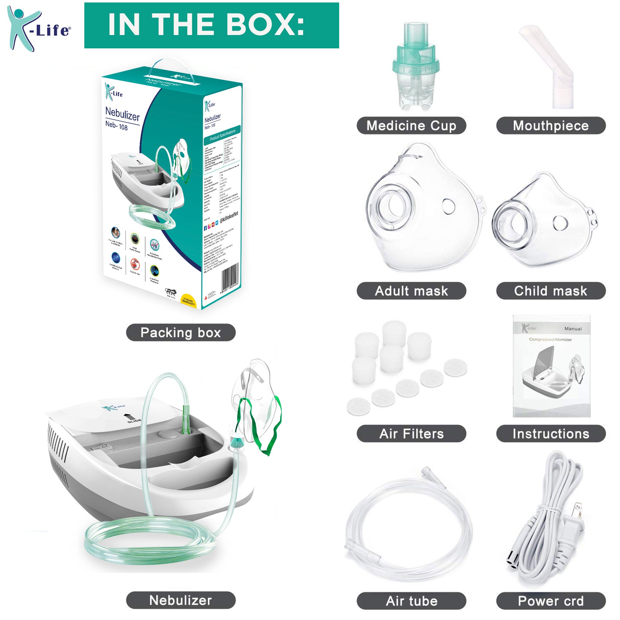 K-life 108 Steam Respiratory Machine Kit For Baby Adults kids Asthma Inhaler Patients Nebulizer