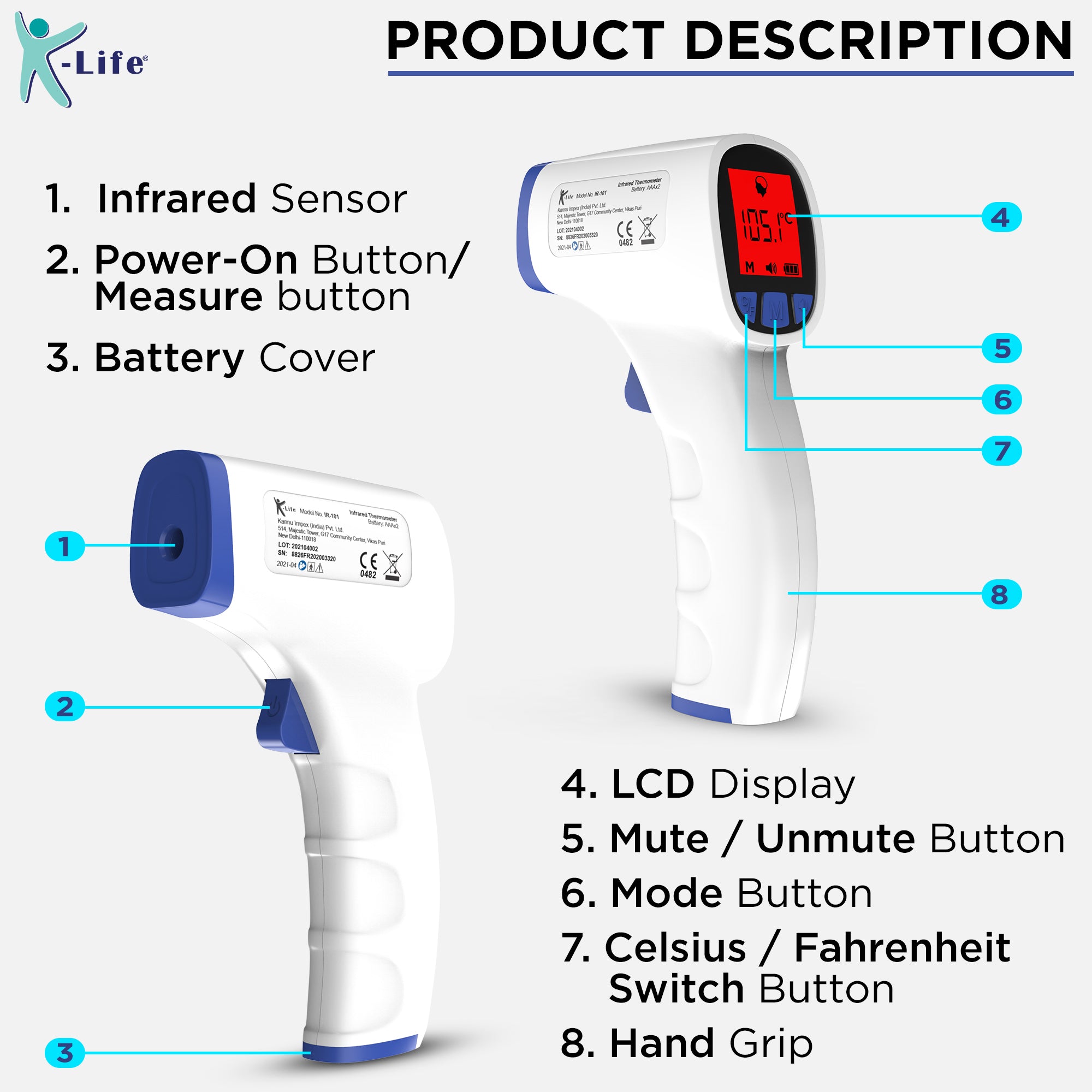 K-Life IR-101 Clincial digital Infrared Non Contact Gun Thermometer for fever Body temperature with Free Storage Pouch (White)
