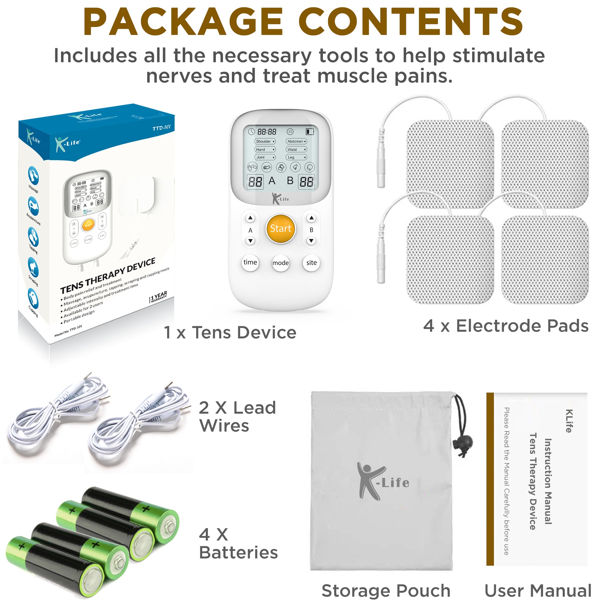 K-Life Ttd-101 Tens Therapy Device Battery Powered Electronic Nerve Simulator And Massager for Blood Circulation (White)